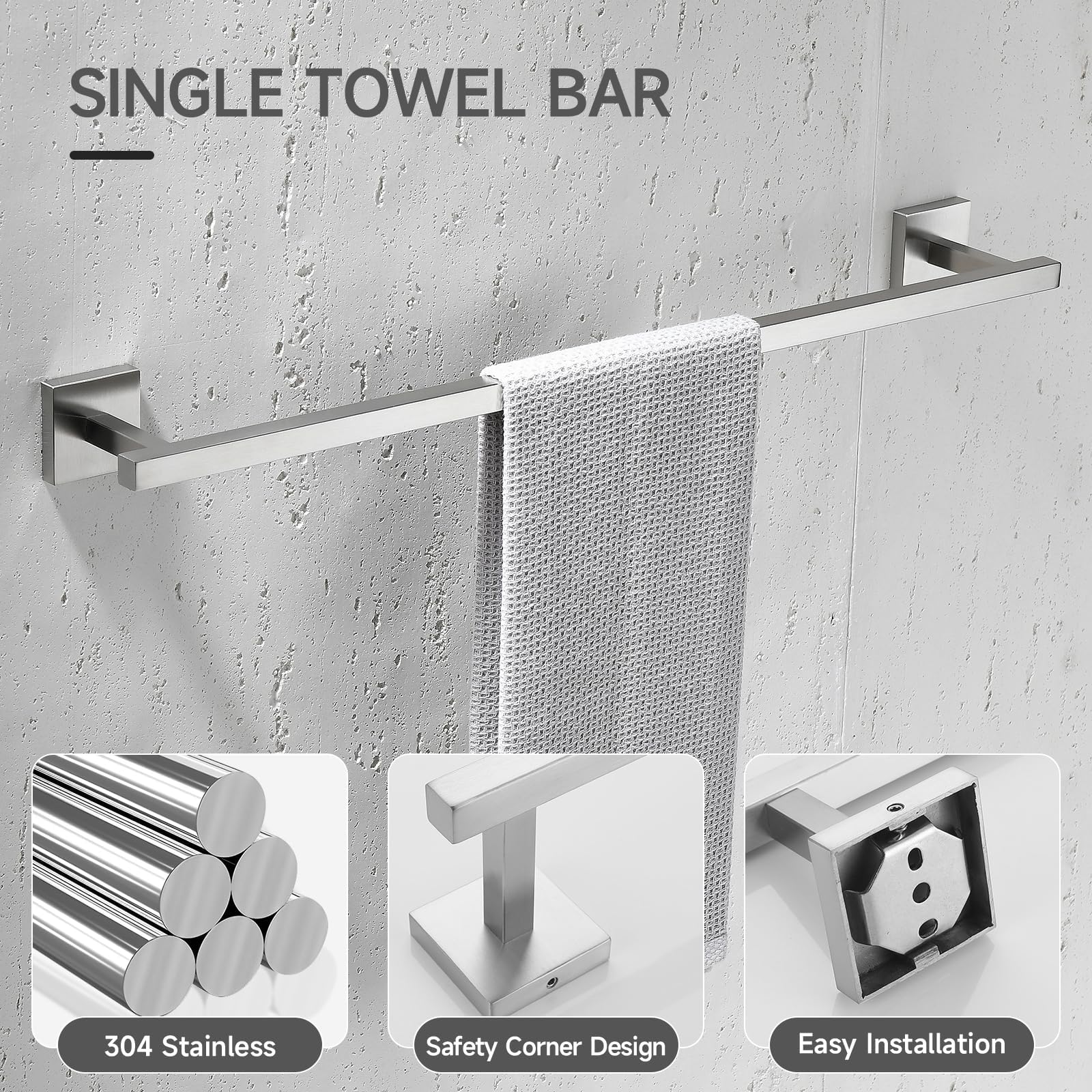 Tqkag 5-Piece Bathroom Hardware Set Brushed Nickel Classic Wall Mounted Sus304 Stainless Steel Bathroom Accessories Set 23.6'' T