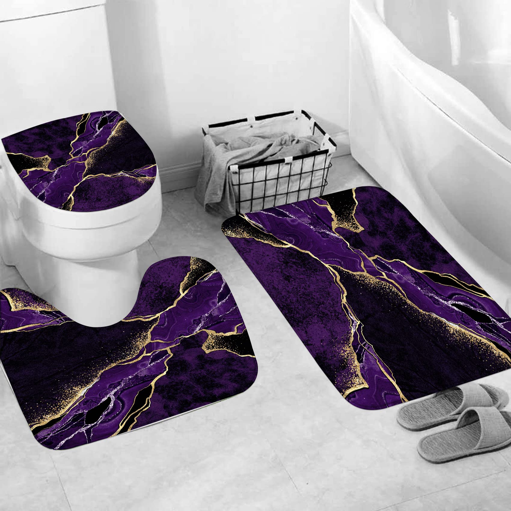 4 Pcs Purple Marble Shower Curtain Sets  Gold Cracked Lines Black Bathroom Decor  Rug Toilet Lid Cover and Non-Slip U Shape Mat  Abstract Modern Luxury Waterproof Shower Curtain with 12 Hooks  72 x 72