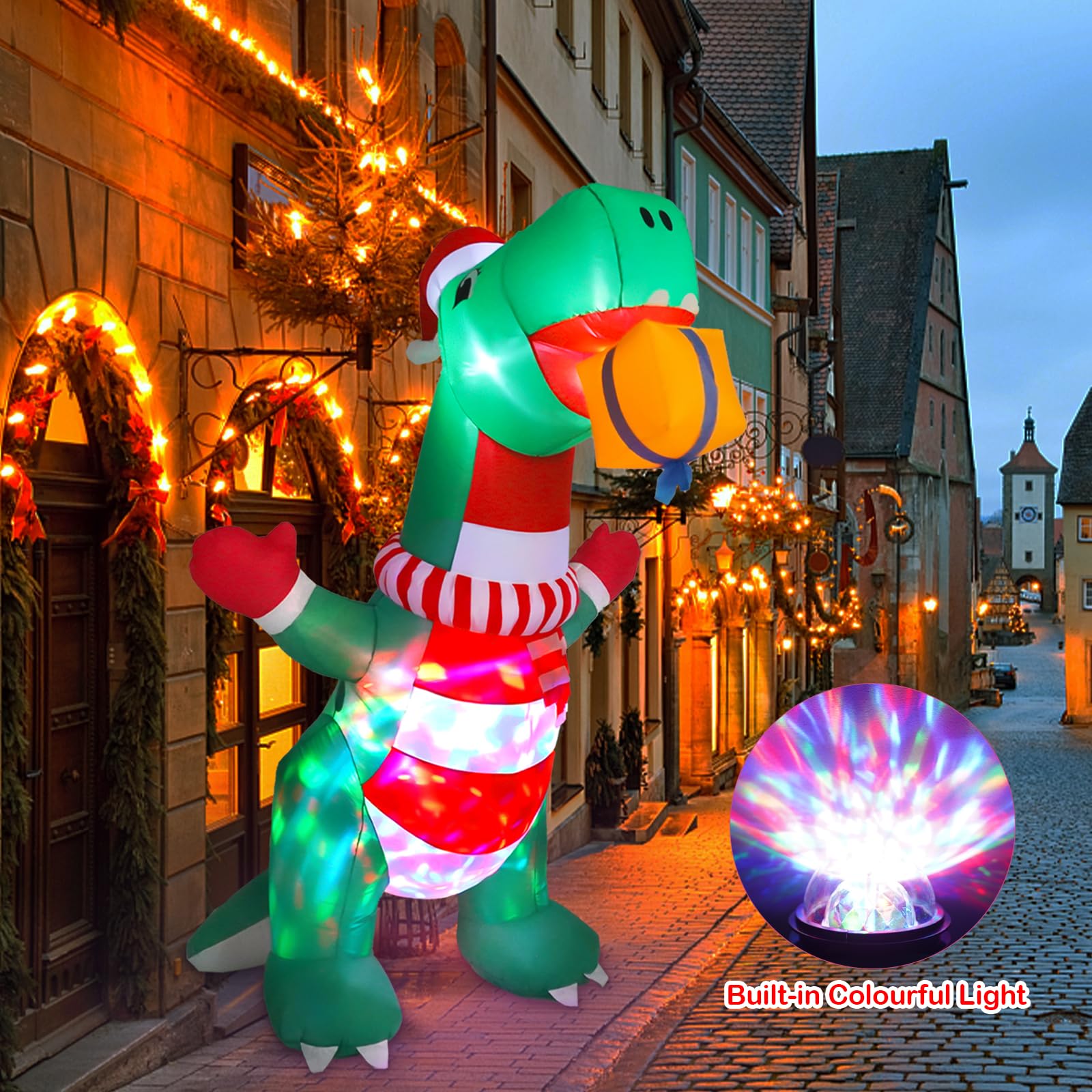 8FT Christmas Inflatables Outdoor Decorations, Blow Up Yard Dinosaur Decoration with Christmas Hat & Gift Box, Built-in LED Ligh