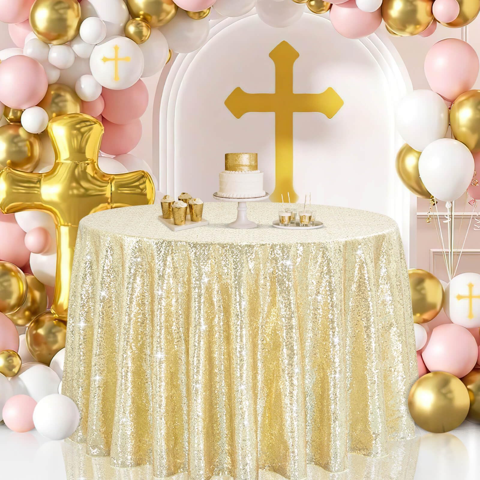 B-COOL Round Sequin Tablecloth Draping Decorations: Light Gold Tablecloths Sequin Overlay Shimmer Fabric for Birthday Dinner Par