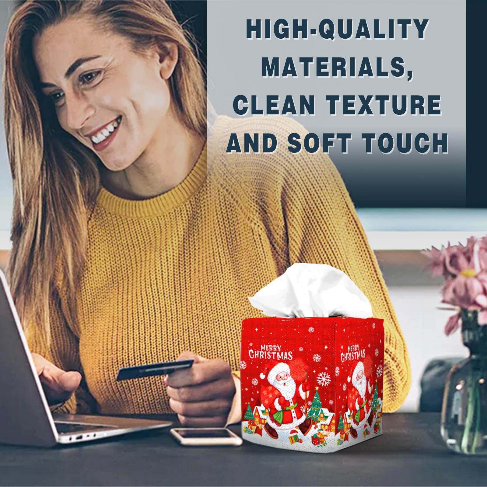Tissue Box Cover Square Canvas Decorative Tissue Box Holder Cute Funny Cube Tissue Case Cover-Xmas Decor Christmas Santa Claus T