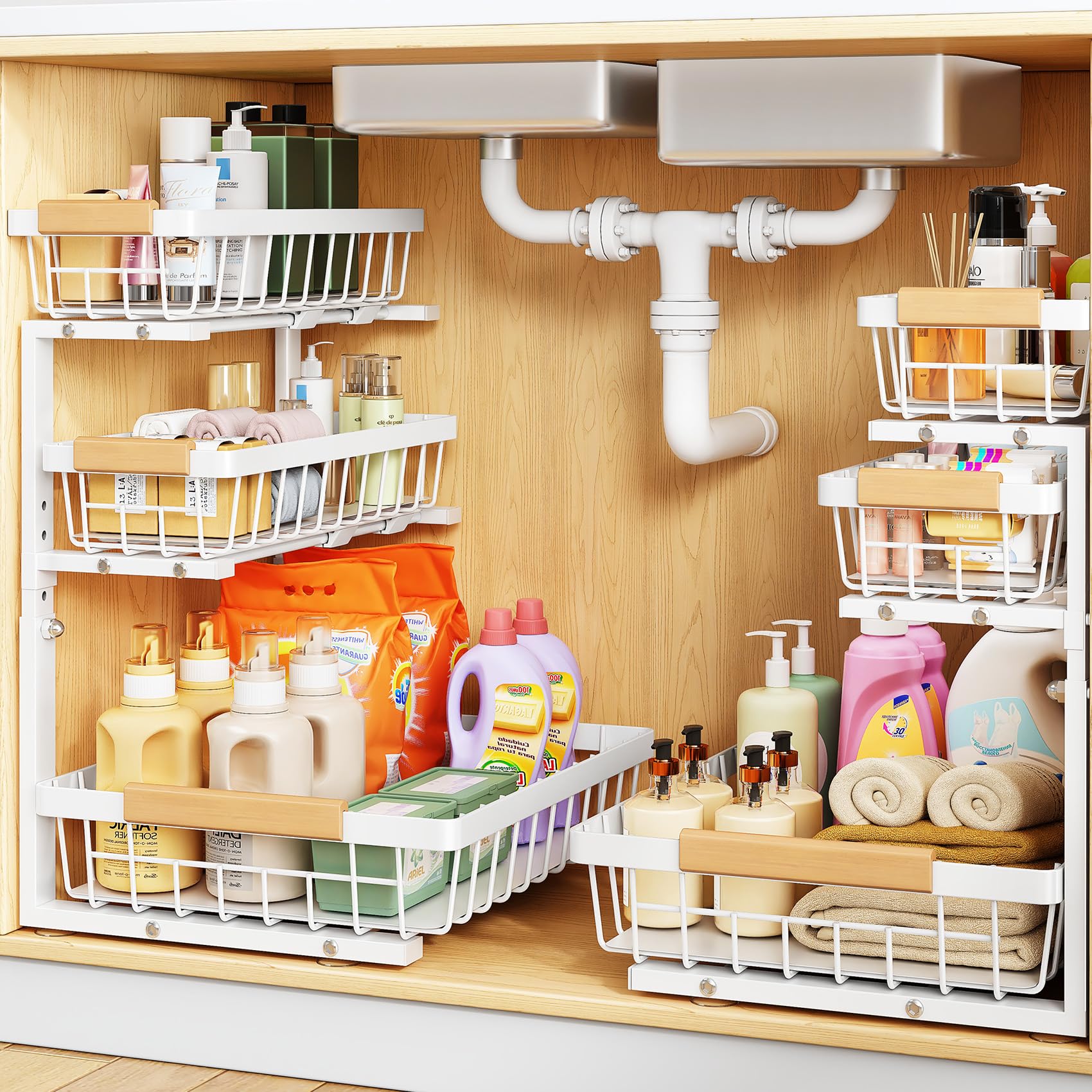 PXRACK Under Sink Organizer, 2Pack 3Tier Height Adjustable Thickened Metal Pull out Cabinet Organizer Shelf, Slide out Storage