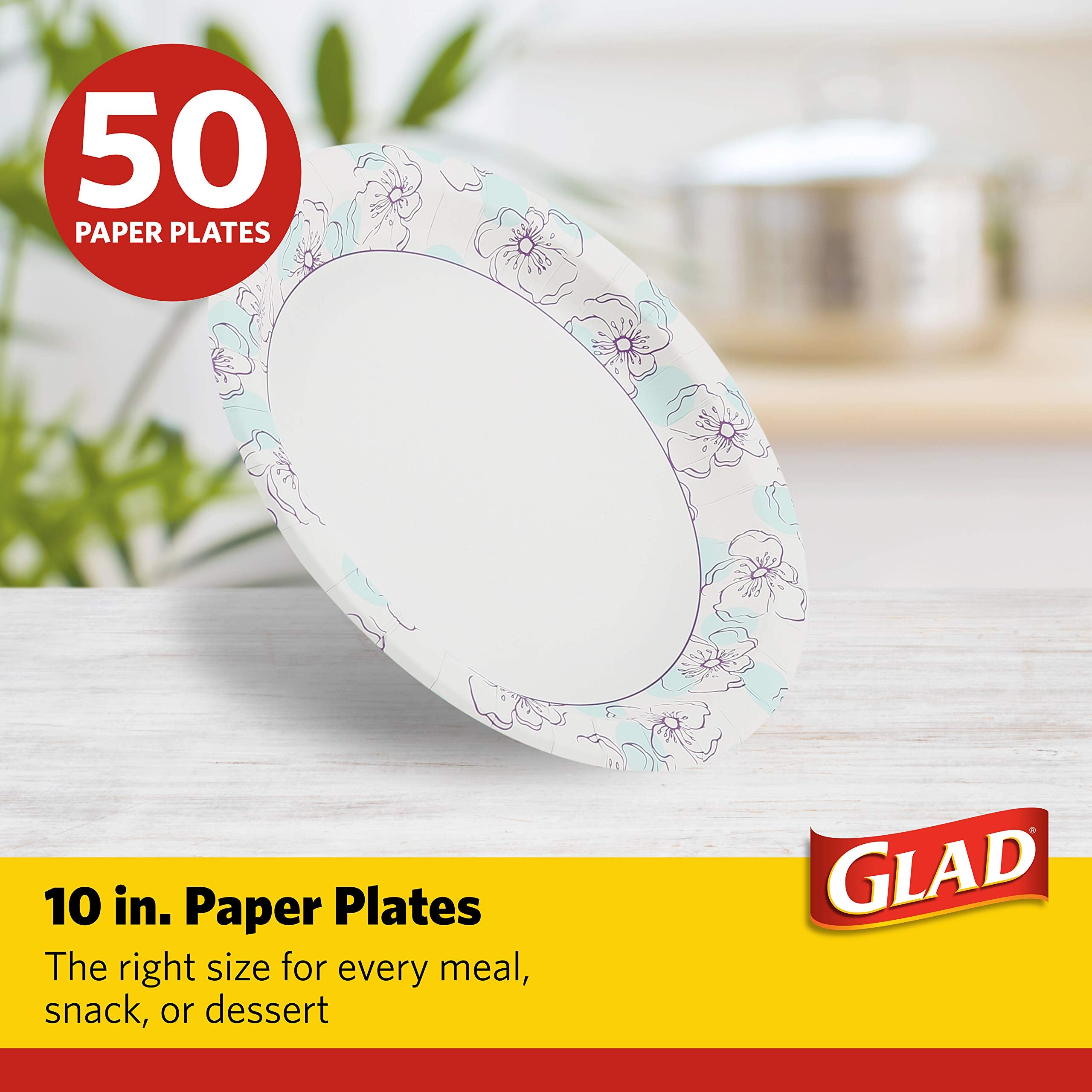 Glad 10 Inch Round Paper Plates 50 Count - Heavy Duty Round Disposable Plates For Parties - Sturdy, Soak Proof, Microwave Safe P