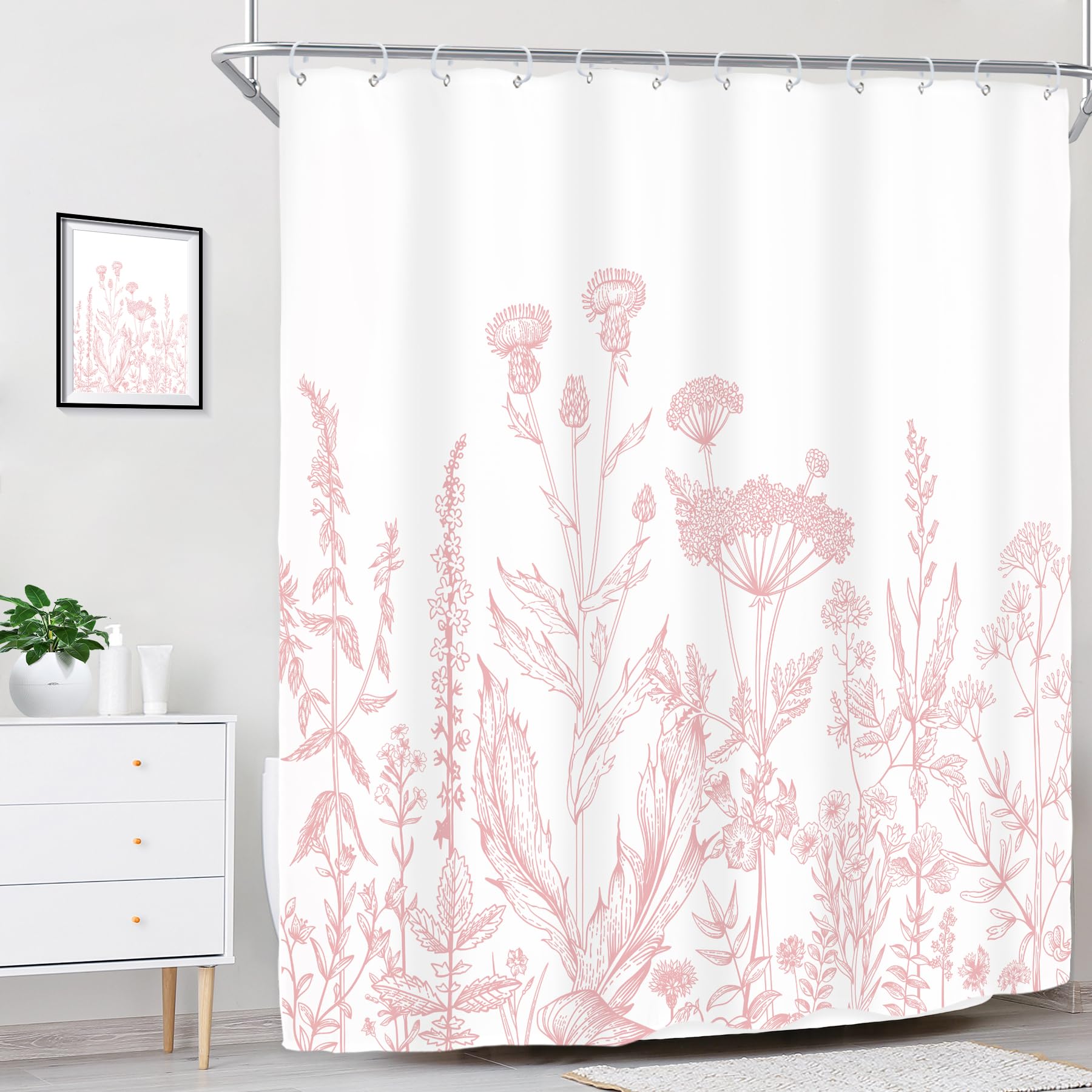 Riyidecor Pink Floral Wildflower Shower Curtain For Bathroom Decor 60Wx72H Girls Rustic Flower Botanical Farm Plant Leaves Herbs