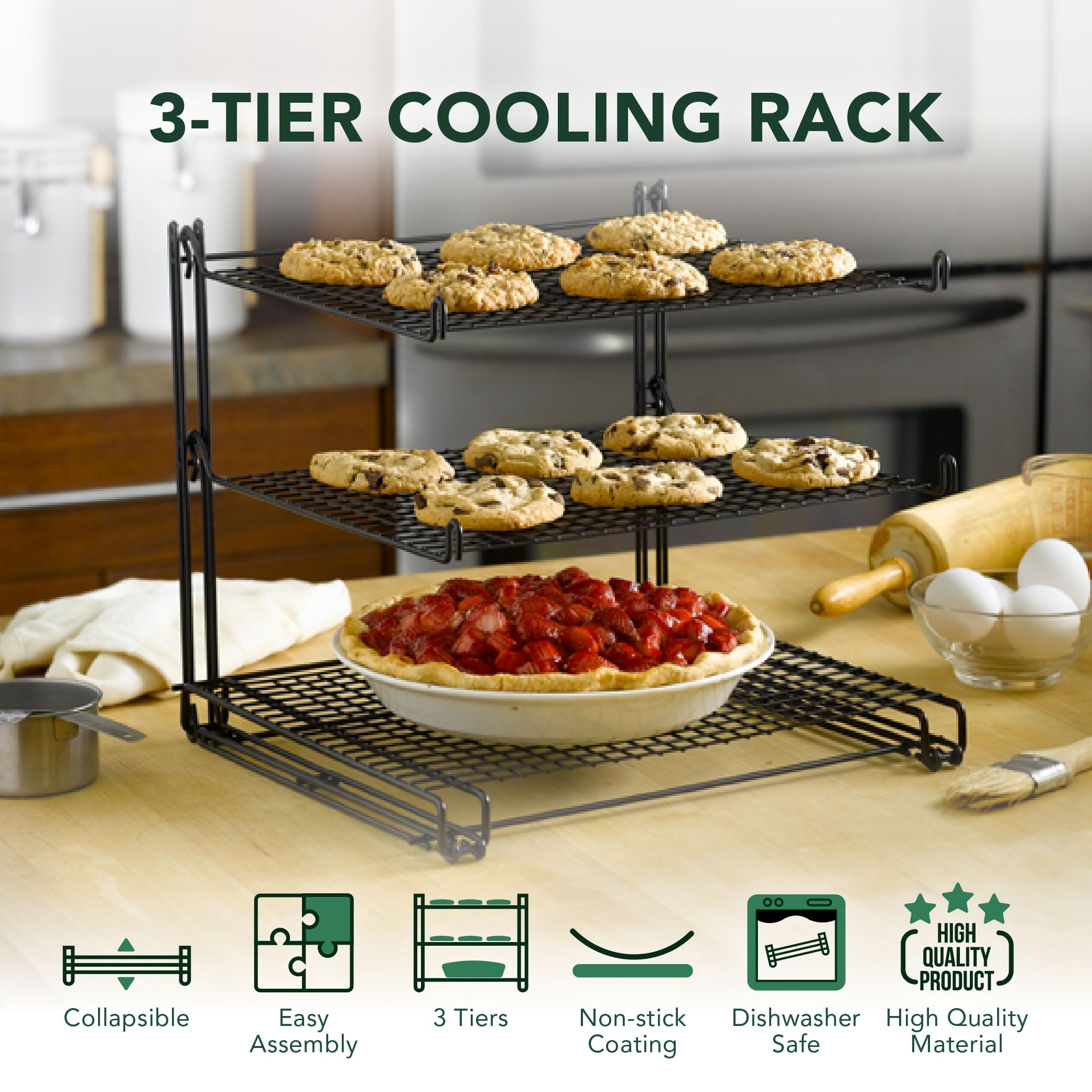 Nifty 3-Tier Cooling Rack - Non-Stick Coating, Wire Mesh Design, Dishwasher Safe, Collapsible Kitchen Countertop Organizer, Use