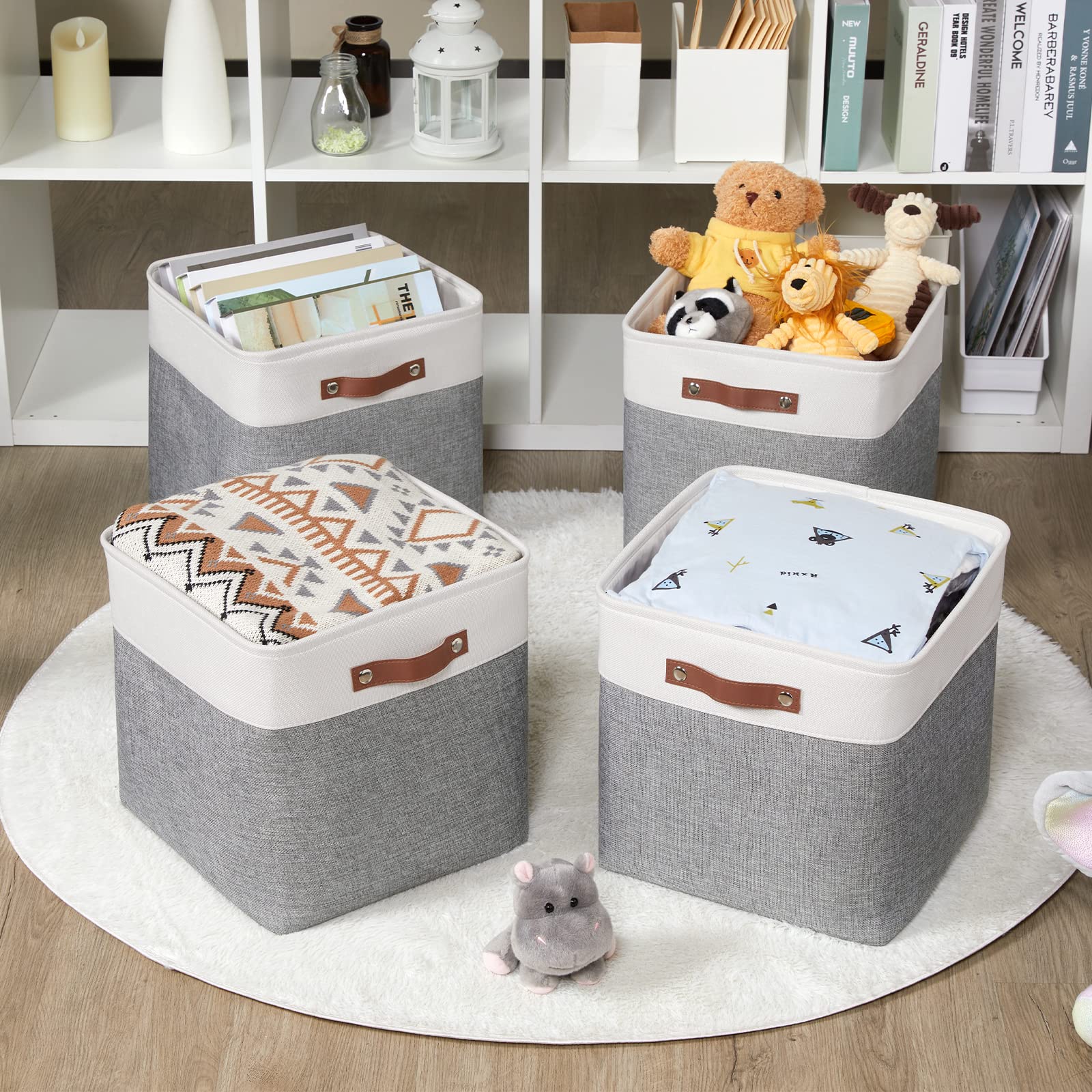 HNZIGE Foldable Storage Cubes Baskets Set(4 Pack) Fabric Bins for Shelves 13 Inch Storage Basket for Organizing with Leather Handles for Home  Toys  Clothes  Kids Room  Closet Storage(White&Gray)
