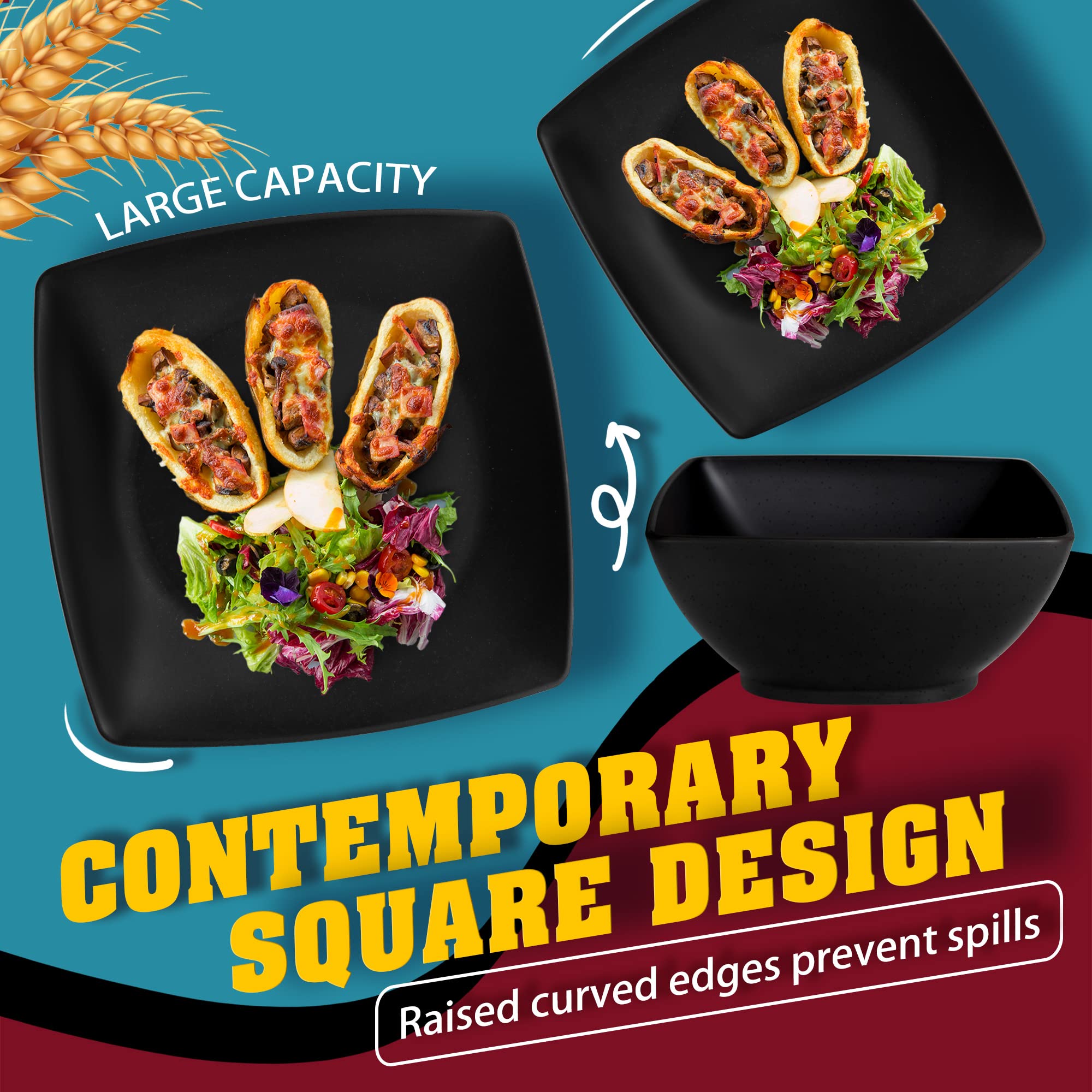 Teivio 16-Piece Plastic Wheat Straw Square Dinnerware Set For 4, Unbreakable Dinner Plates, Salad Plates, Snack Bowls, Tumblers