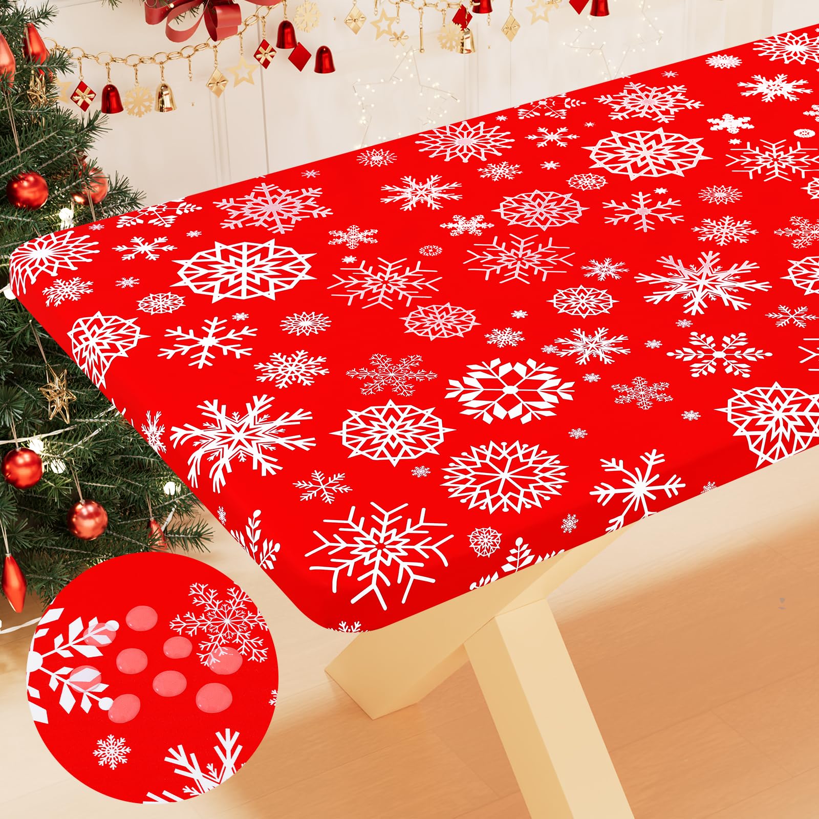 Smiry Plastic Christmas Tablecloth, Snowflake Waterproof Elastic Fitted Table Covers, Wipeable Flannel Backed Vinyl Tablecloths 