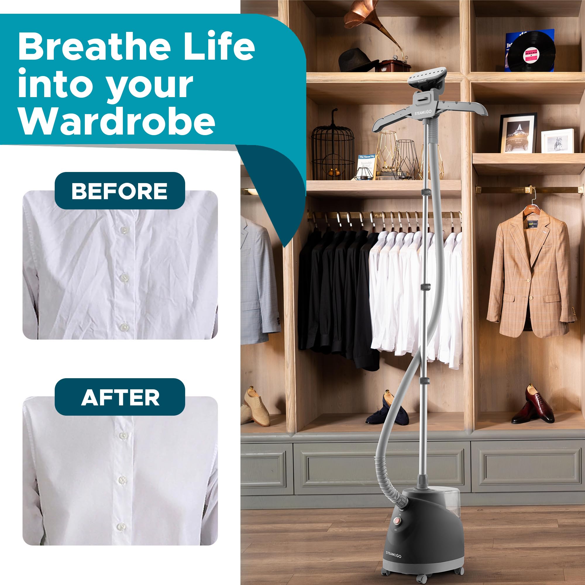 Steam & Go - The Rival Handheld Steamer - Upright Fabric Steamer for Clothes, Garments, Curtains, Bedding & Upholstery - Quick-H