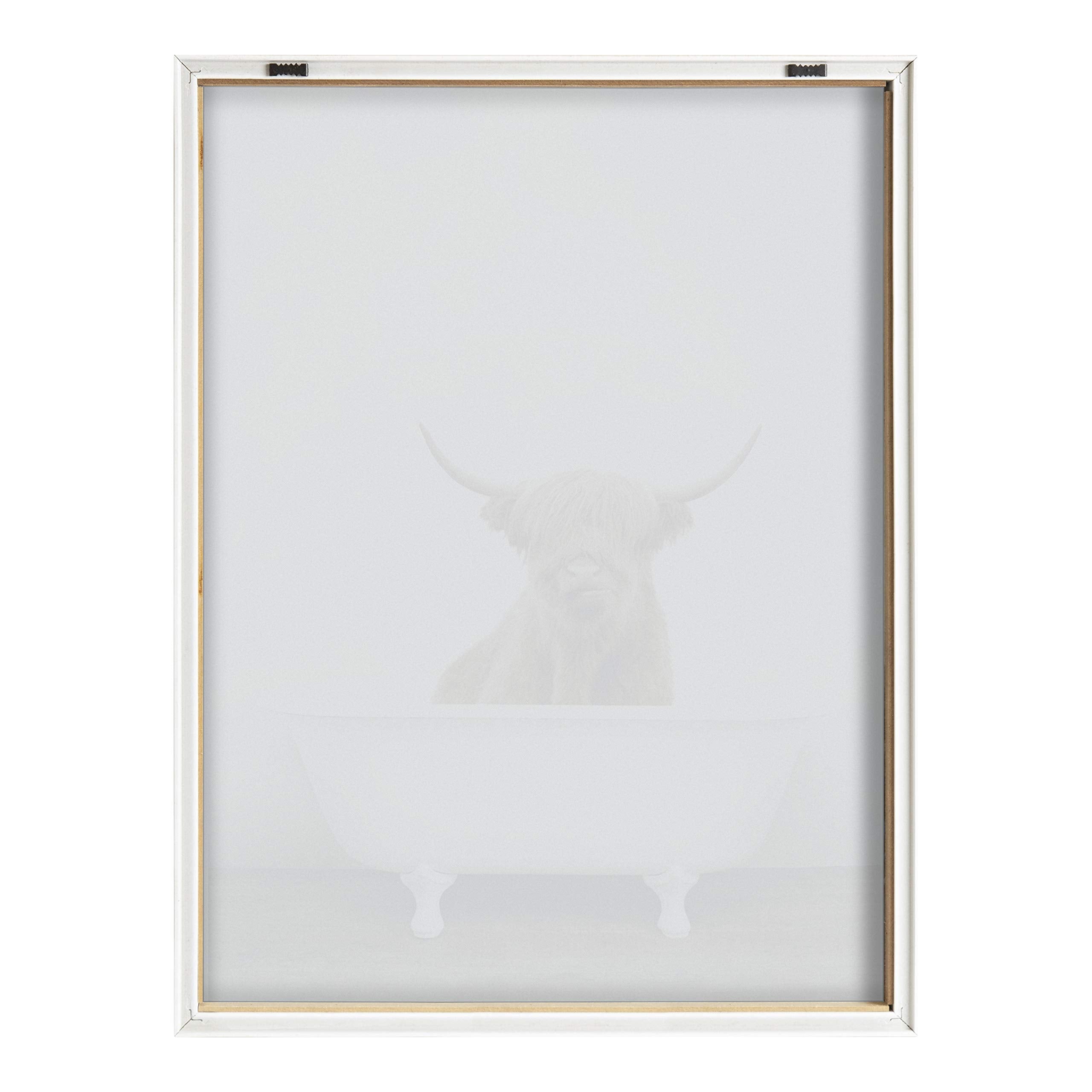 Kate and Laurel Blake Highland Cow in Tub Color Framed Printed Glass Wall Art by Amy Peterson Art Studio  18x24 Natural  Farmhouse Inspired Animal Art for Wall