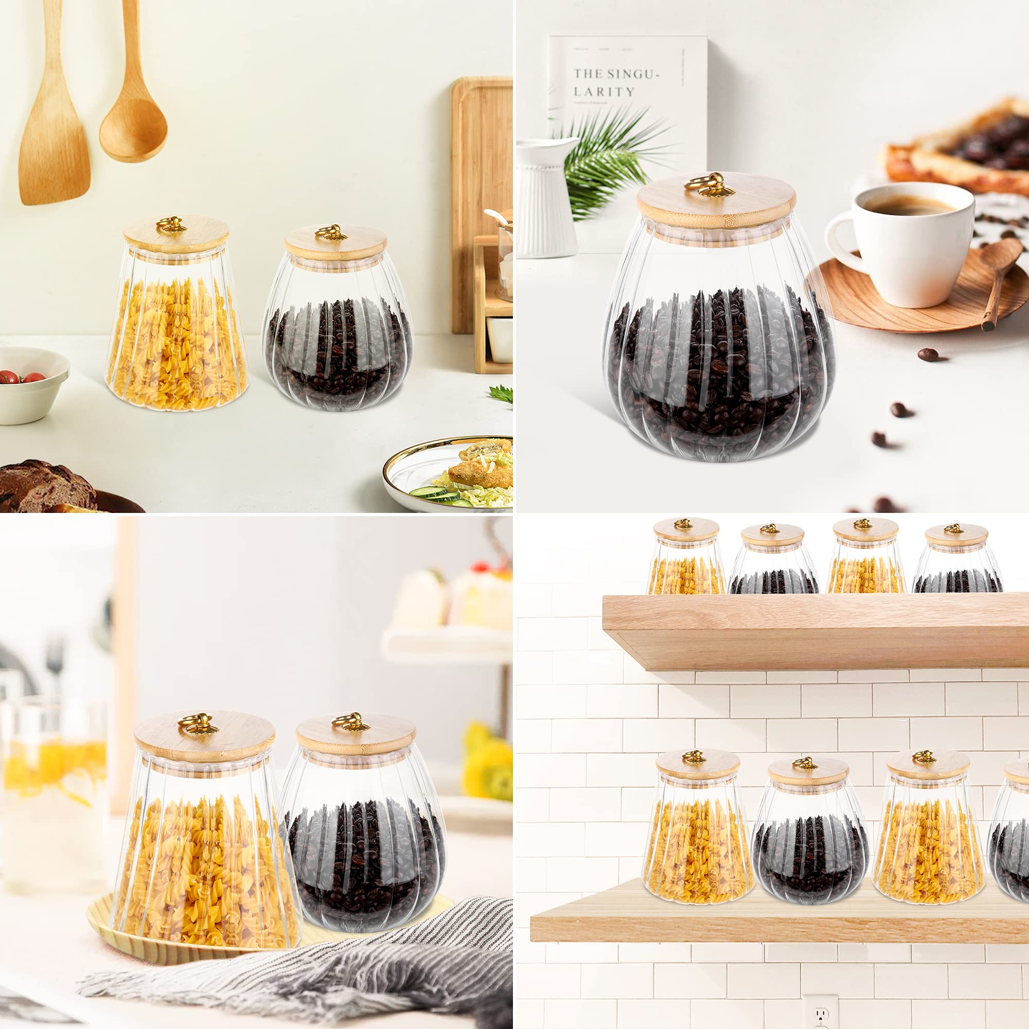 Glass Coffee Nuts Canister Airtight Storage Jar Petal Decorative Container With Bamboo Lid Metal Handle Easy To Grasp 1600Ml, 54