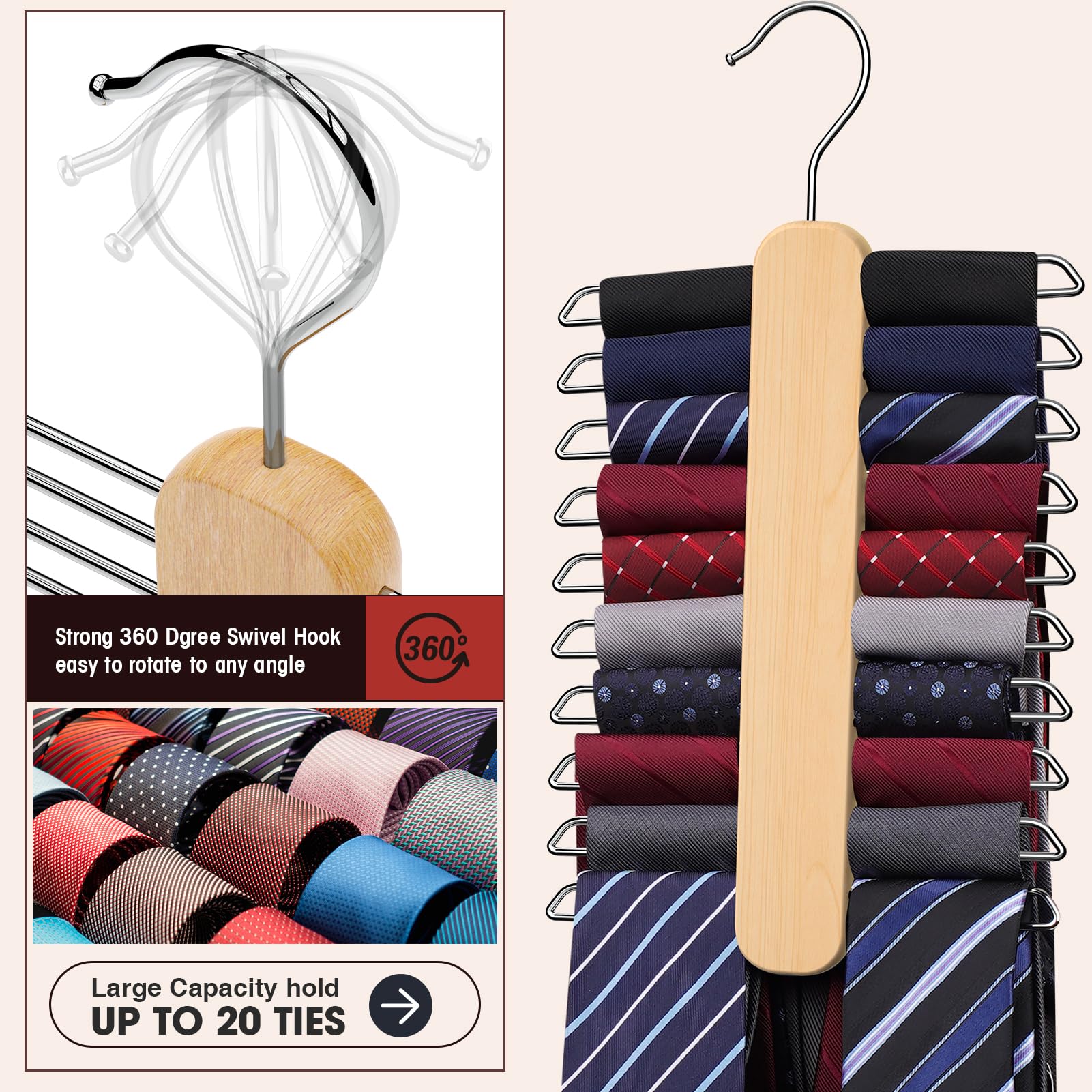 Uinicor Tie Hanger 2 Pack,Tie Organizer For Closet 20 Storage Capacity,Wooden Necktie Organizer Tie Storage,360 Degree Rotating