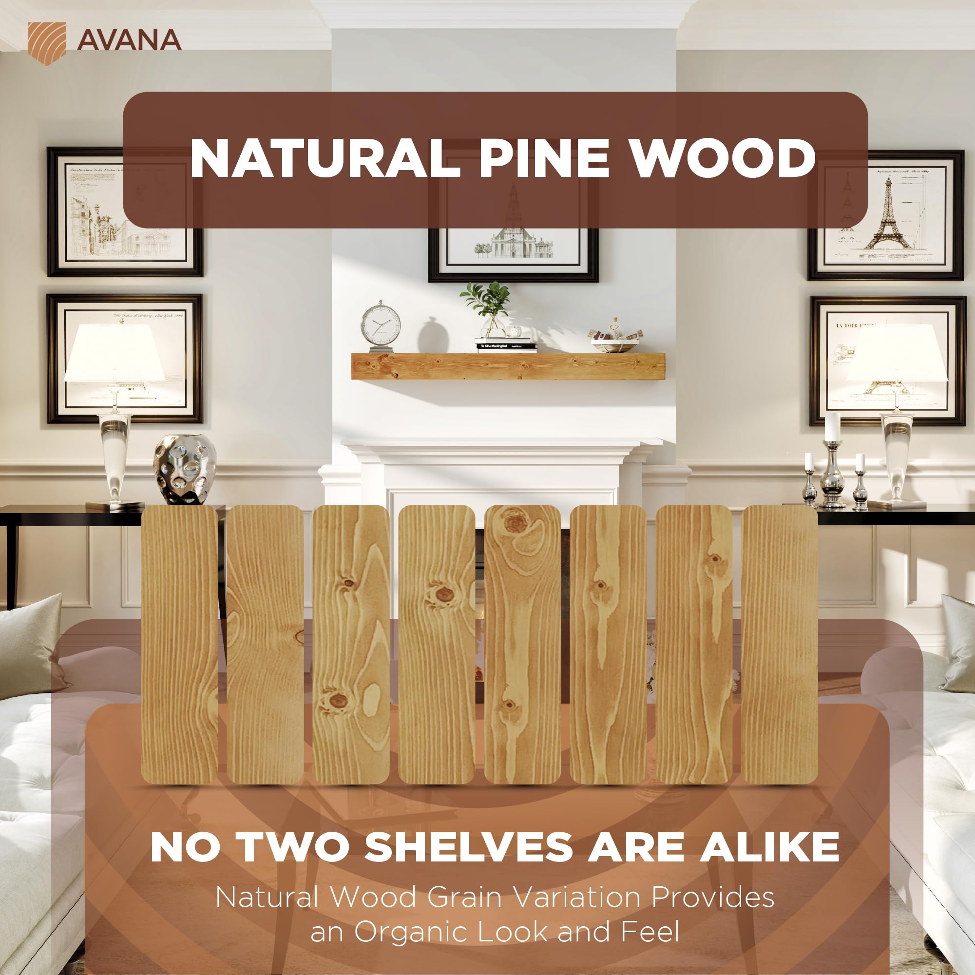 Avana Fireplace Mantle - Natural Fireplace Mantles Wood - Mounted Mantles For Over Fireplace - Handcrafted Fireplace Wood Mantel