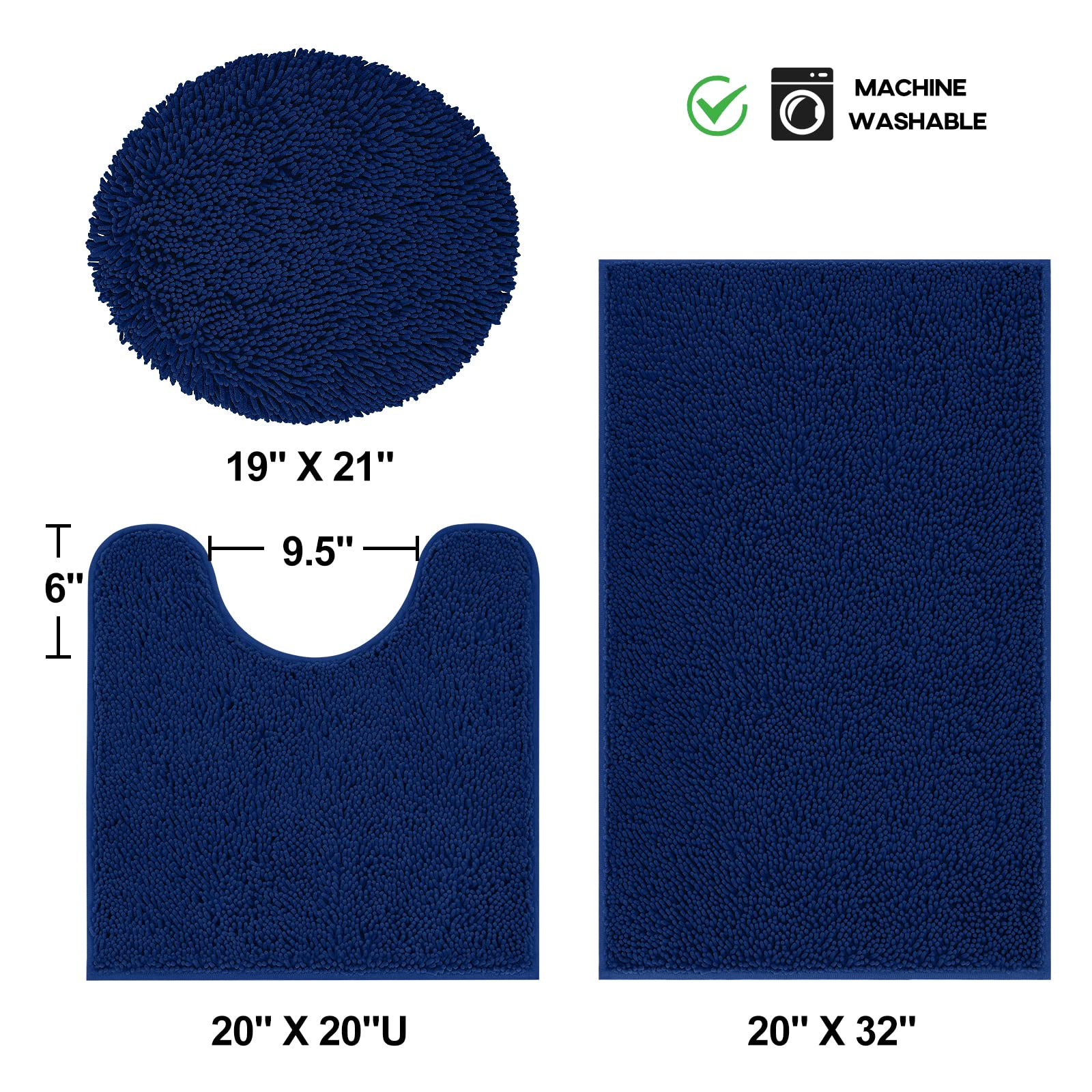 TREETONE Chenille Bath Mat 3 Pieces Bathroom Rugs Set  20x20 Inches U-Shape Contoured Toilet Mat & 20x32Inches Rug & 1 Lid Cover Soft Water Absorbent Plush Rugs for Tub Shower & Bath Room -Navy Blue