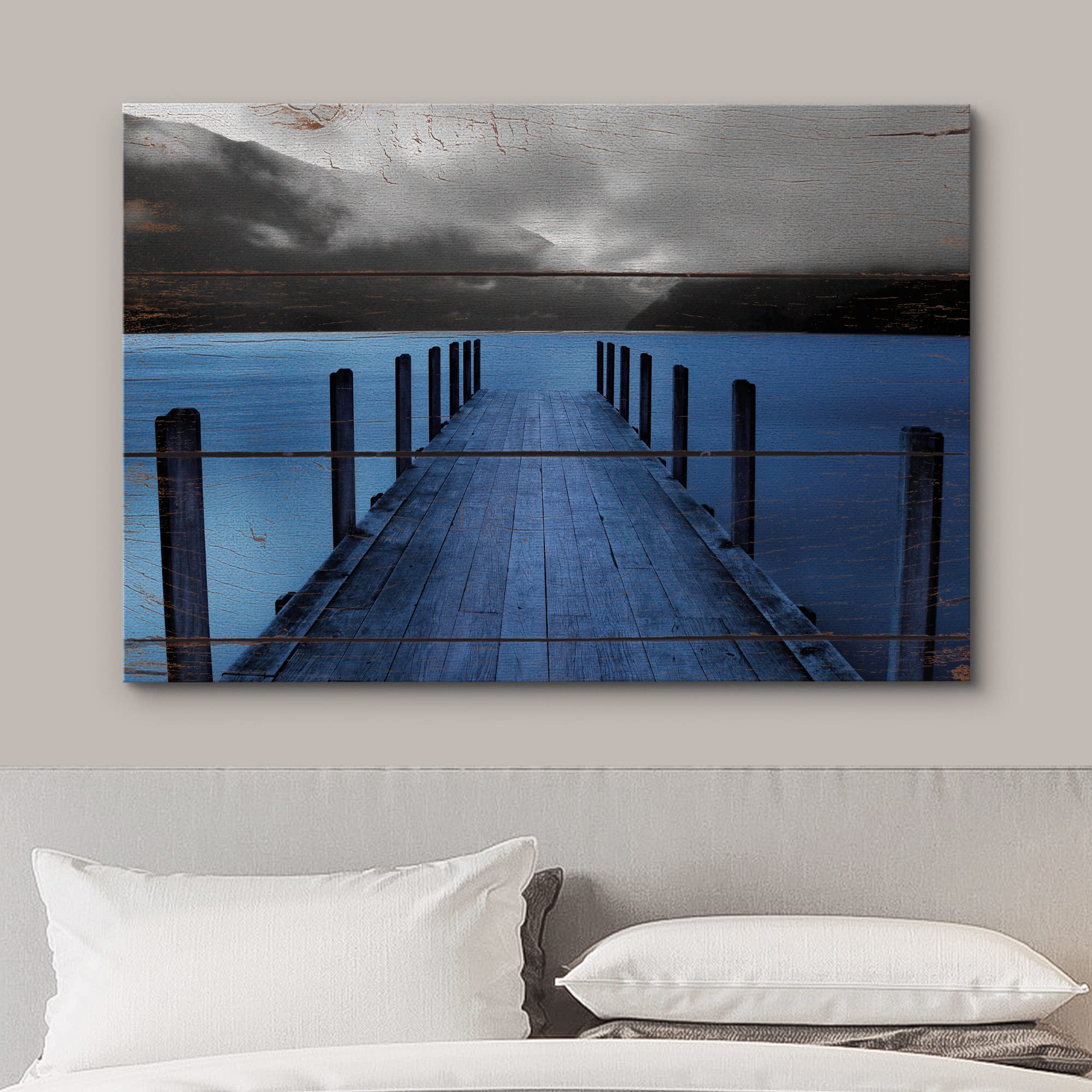 Wall26 Canvas Print Wall Art Evening On Black & Blue Grayscale Beach Pier Nature Wilderness Digital Art Realism Chic Colorful Mu