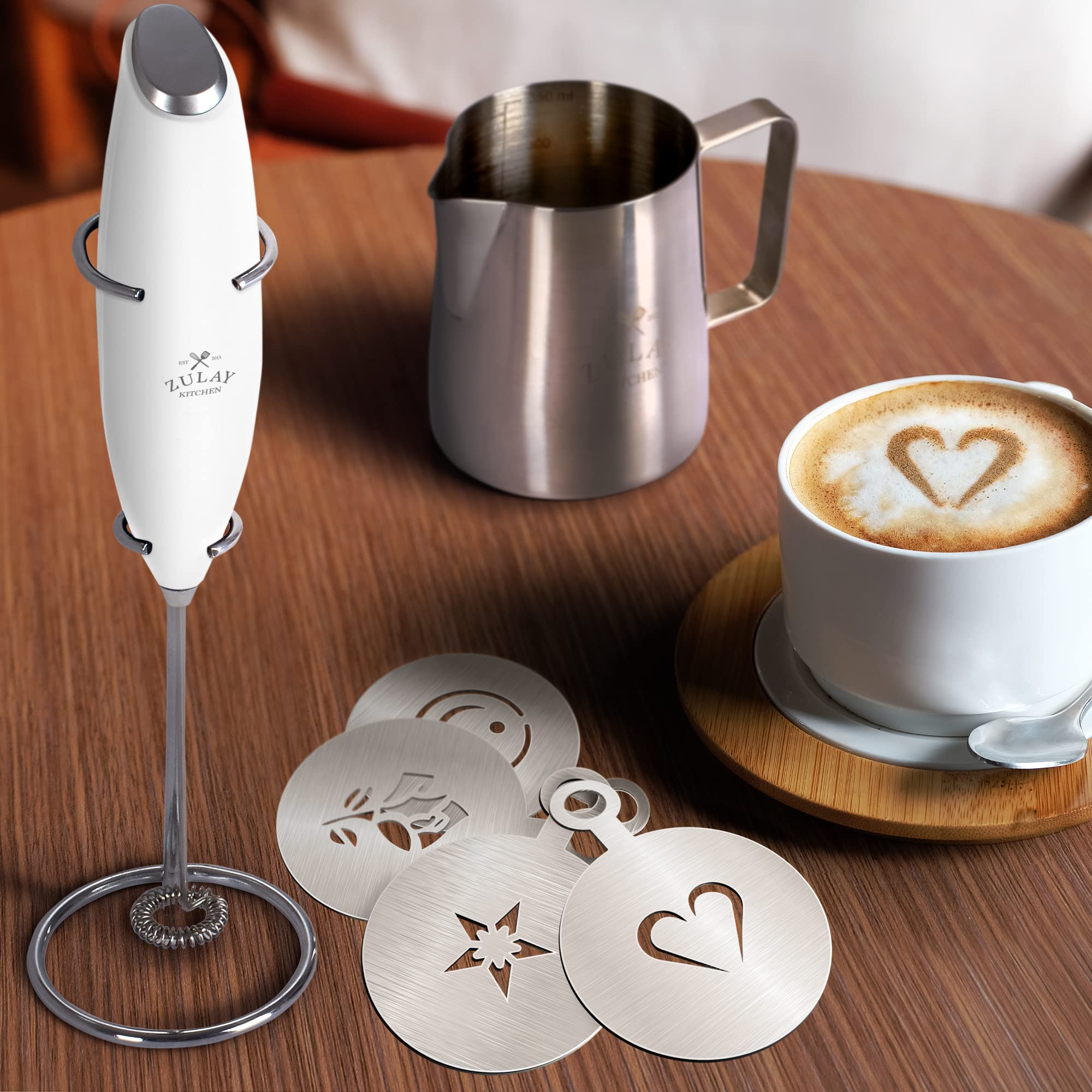 Zulay Milk Frother Complete Set Coffee Gift, Handheld Foam Maker For Lattes - Whisk Drink Mixer For Coffee, Mini Blender For Cap