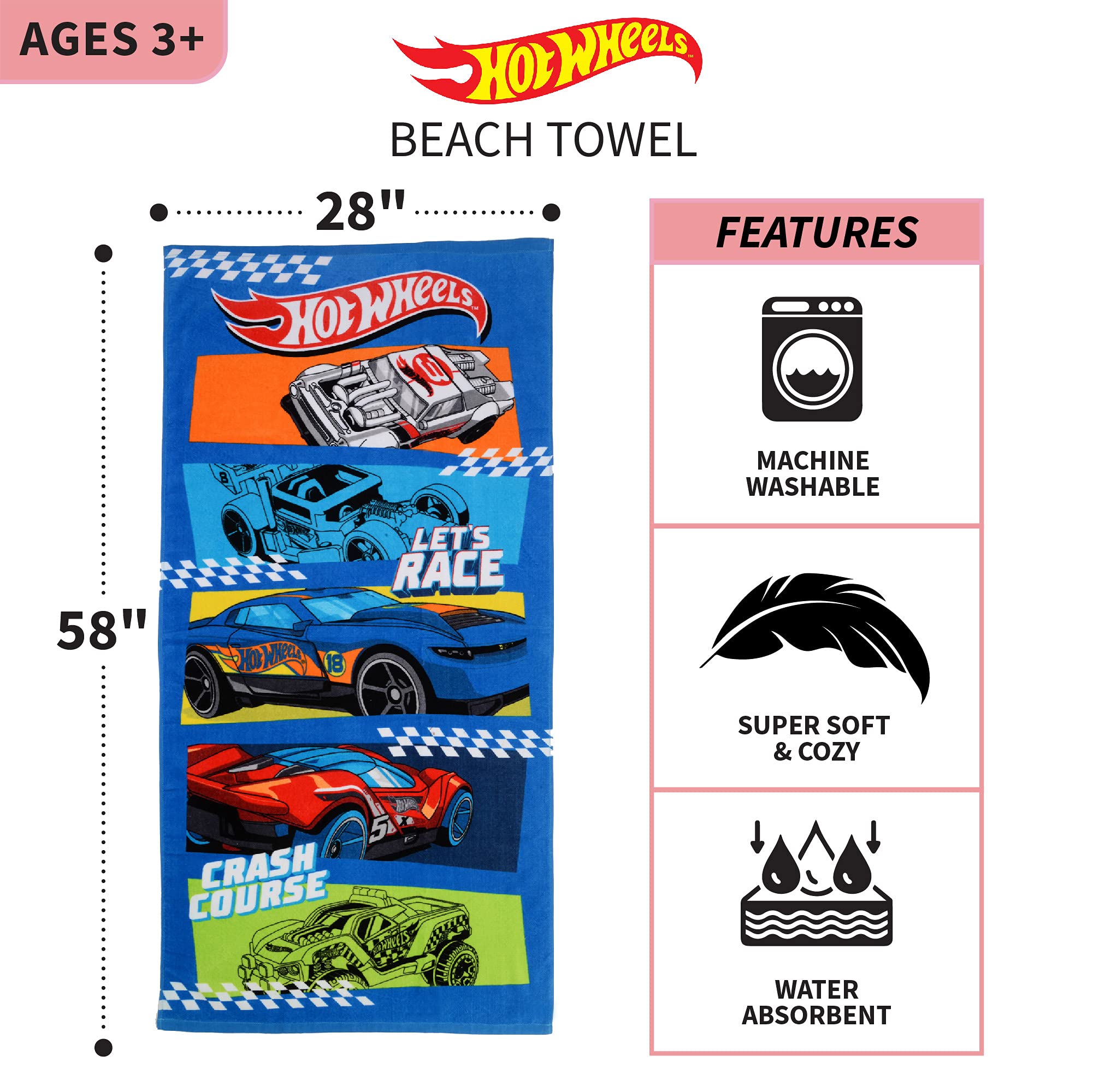 Franco Kids Super Soft Cotton Bath/Pool/Beach Towel  58 In x 28 In  Hot Wheels