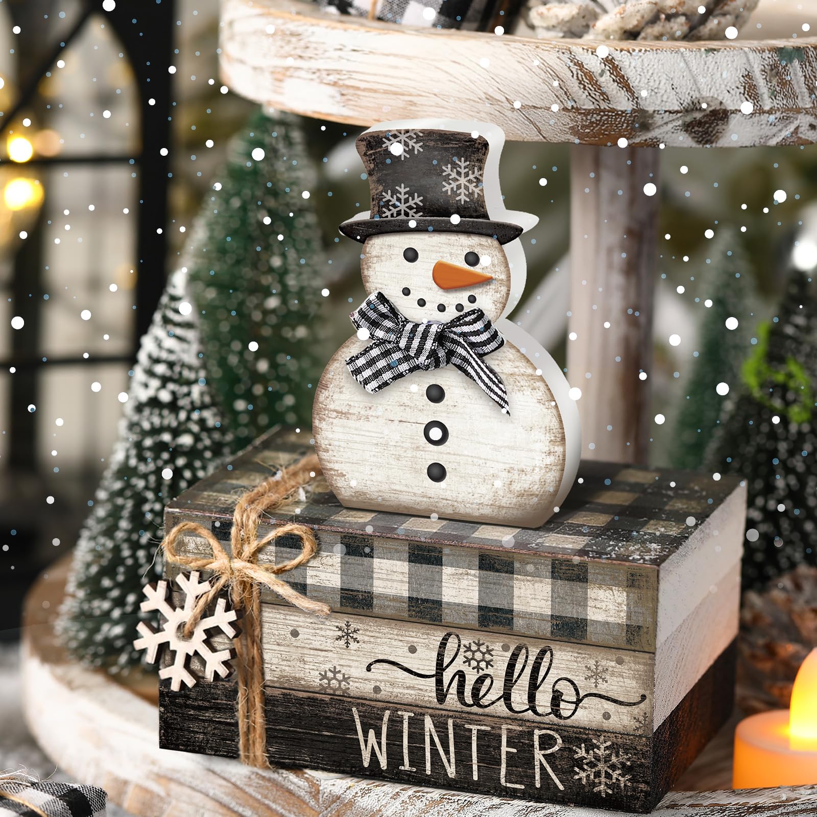 Anglechic 4 Pcs Snowman Christmas Decor Winter Table Decorations Christmas Tiered Tray Decor Winter Centerpiece Indoor Rustic Wo