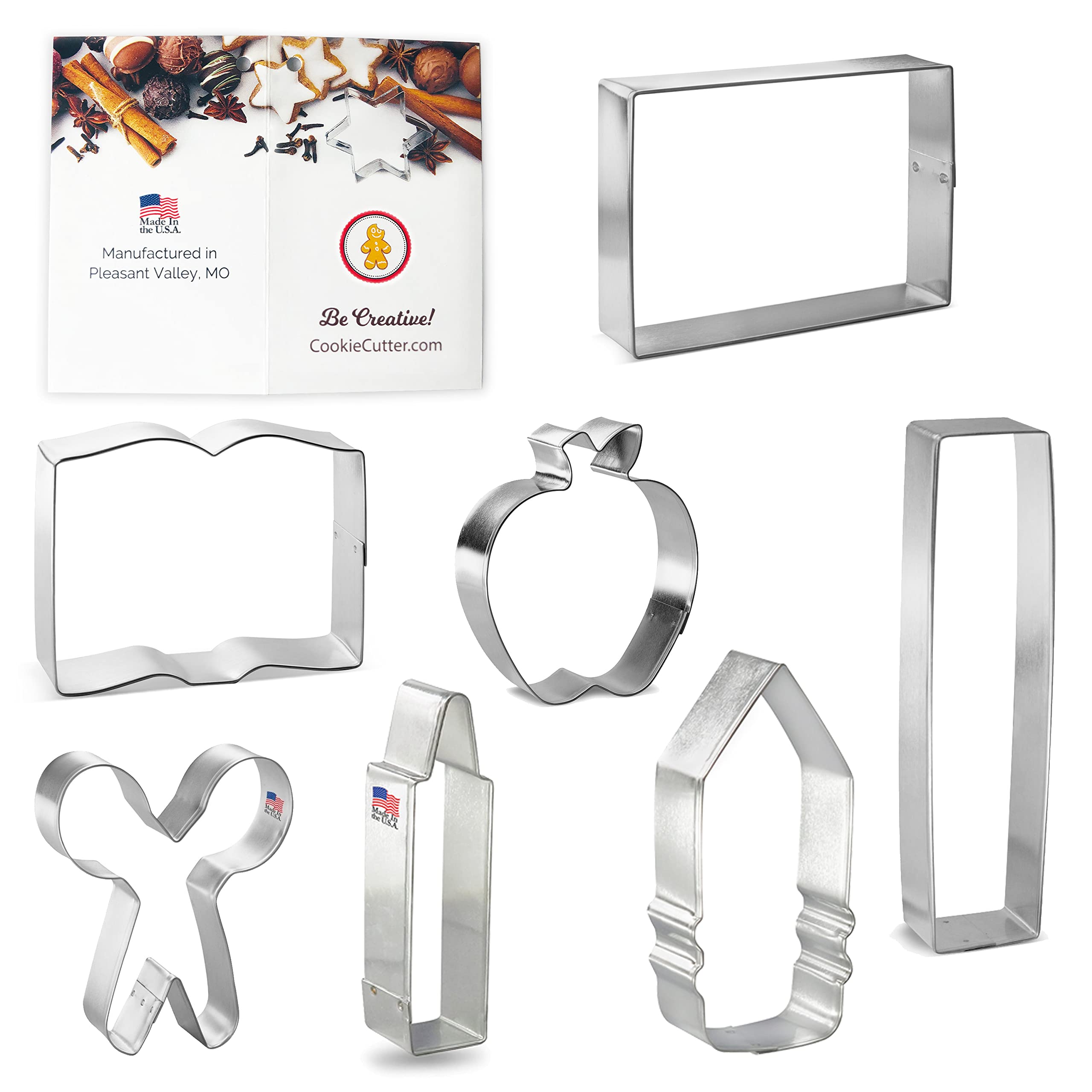 Foose Brand Back To School Teacher Appreciation Cookie Cutter 7 Pc Set -School Book, Ruler, Crayon, Scissors, Rectangle, Apple,