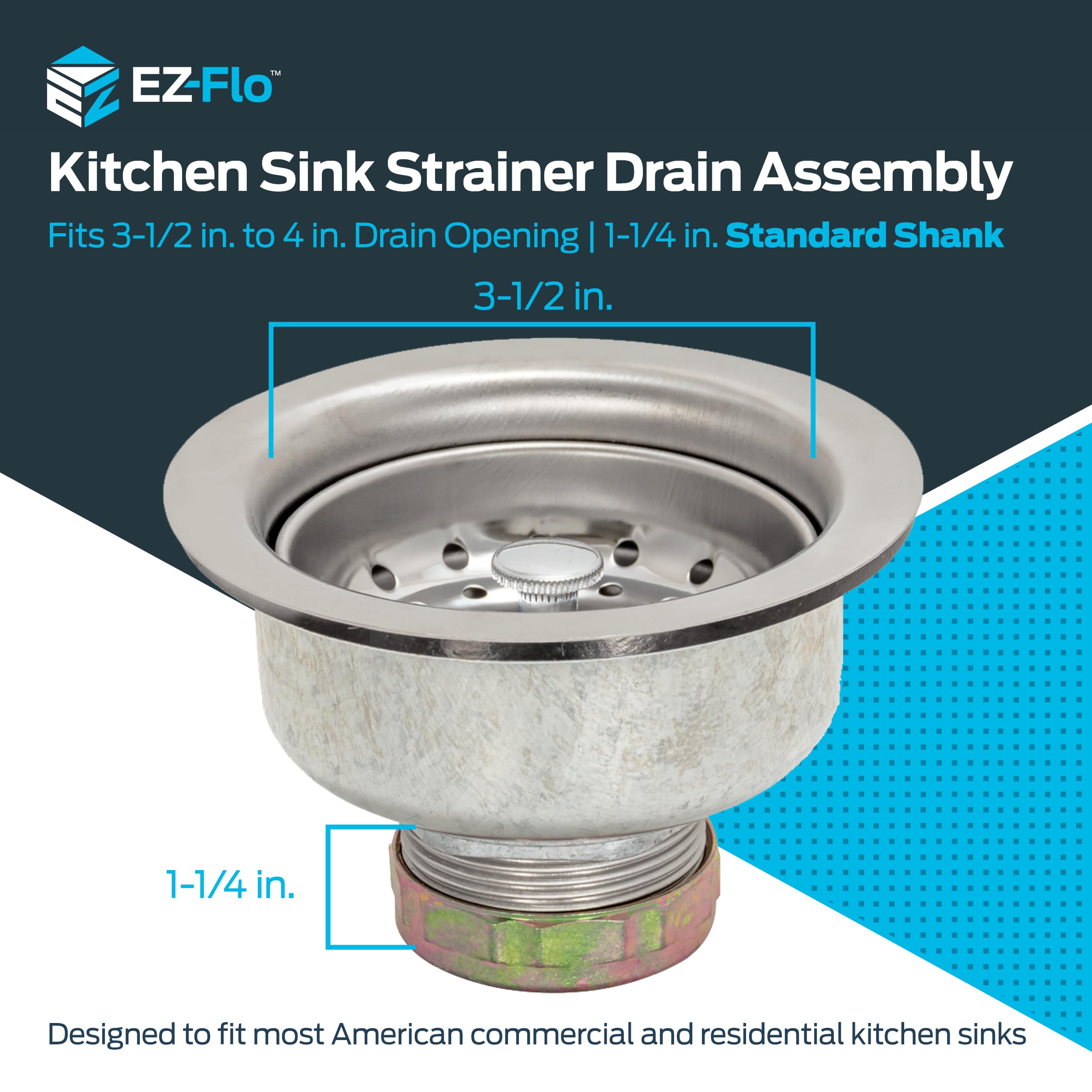 Ez-Flo Double Cup Kitchen Sink Drain Assembly, Sink Strainer Fits 3-1/2 Inch To 4 Inch Opening, 1-1/4 Inch Standard Shank, Stain