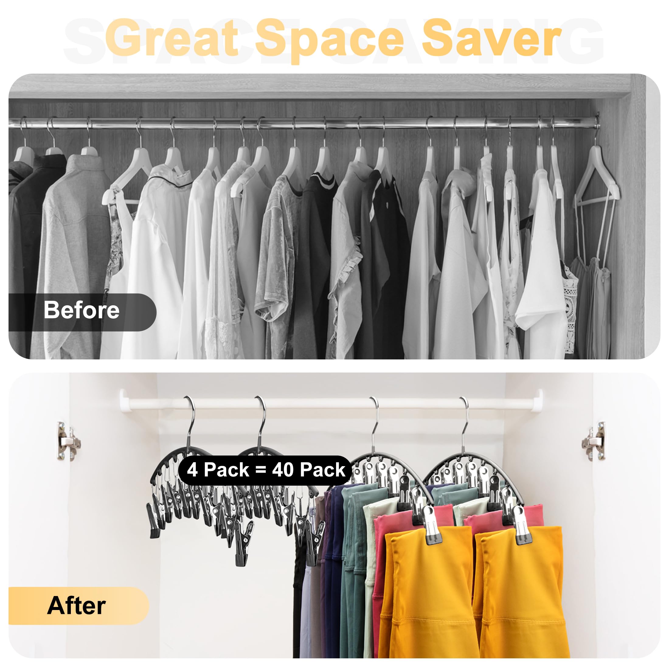 Volnamal Legging Organizer For Closet, Metal Yoga Pants Hangers 4 Pack W/10 Clips Holds 40 Leggings, Hangers Space Saving Hangin