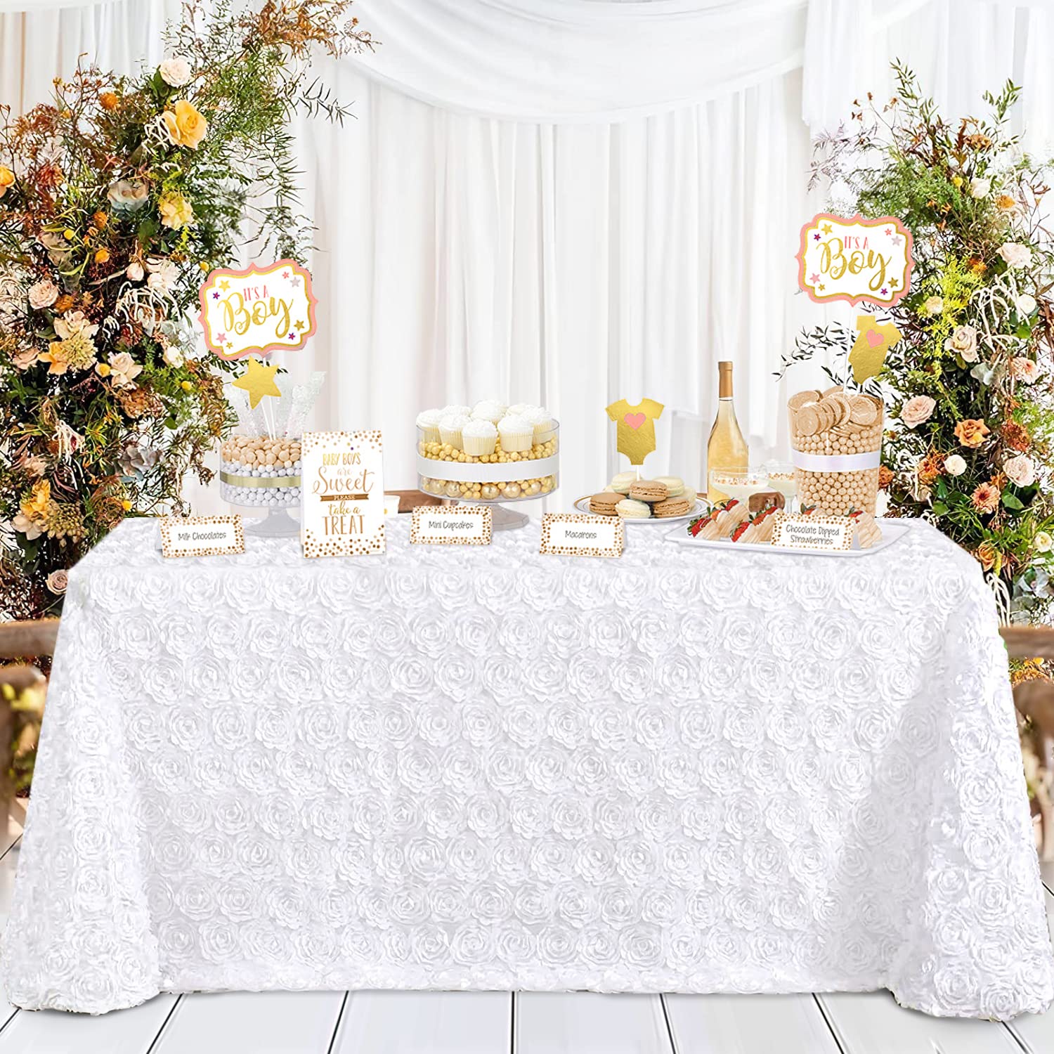 QueenDream White Wedding Tablecloth 90 x 132 Inch Rosette Tablecloth 3D Flowers Satin Overlay for Wedding Reception Table Decorations