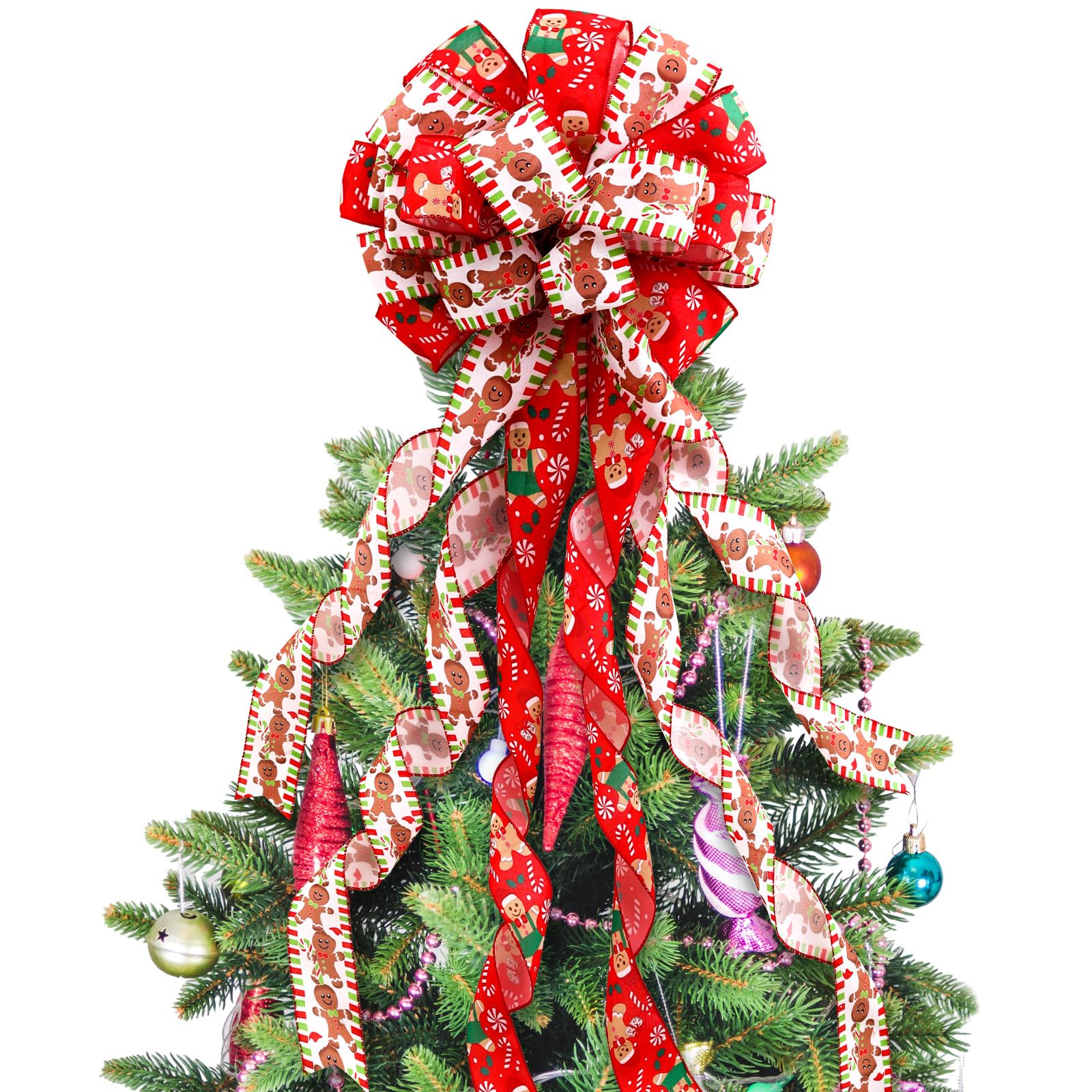 Realspring Gingerbread Christmas Tree Topper Bow 45x12 Large Gingerbread Christmas Decorations Ribbon Bow Gift for Xmas Wreath O