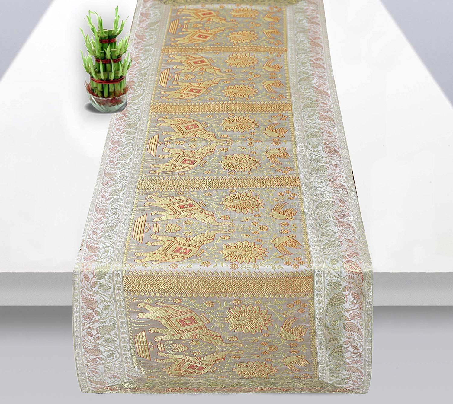 Real Online Seller Traditional Turquoise Silk Table Runner Decorative Silk Table Cloth Indian Decor Ethic Floral Designed Center