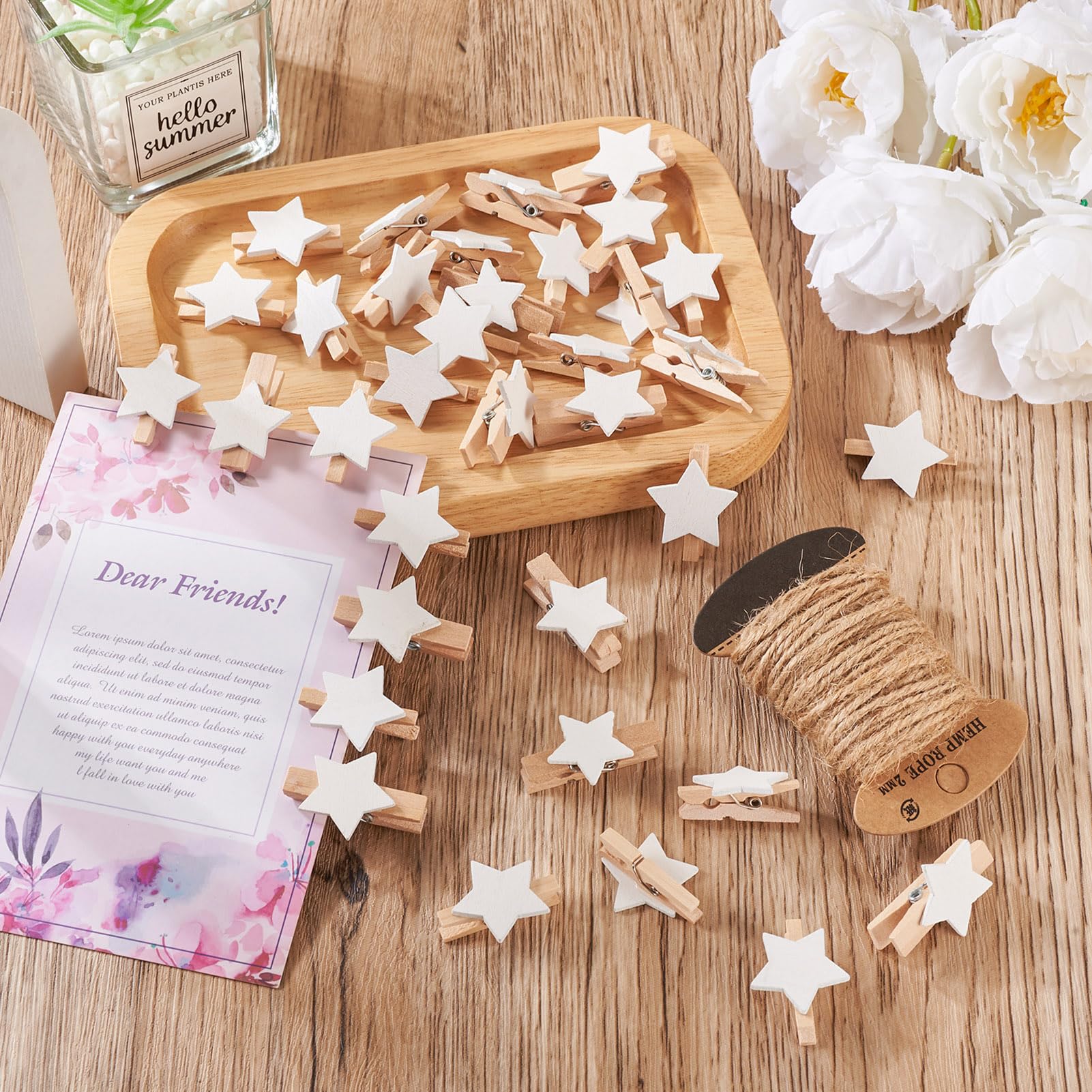 Pandahall 100Pcs Wooden Star Clothespins Photo Clips Photo Paper Pegs Clips White Mini Clothes Pins Holiday Card Holder Display