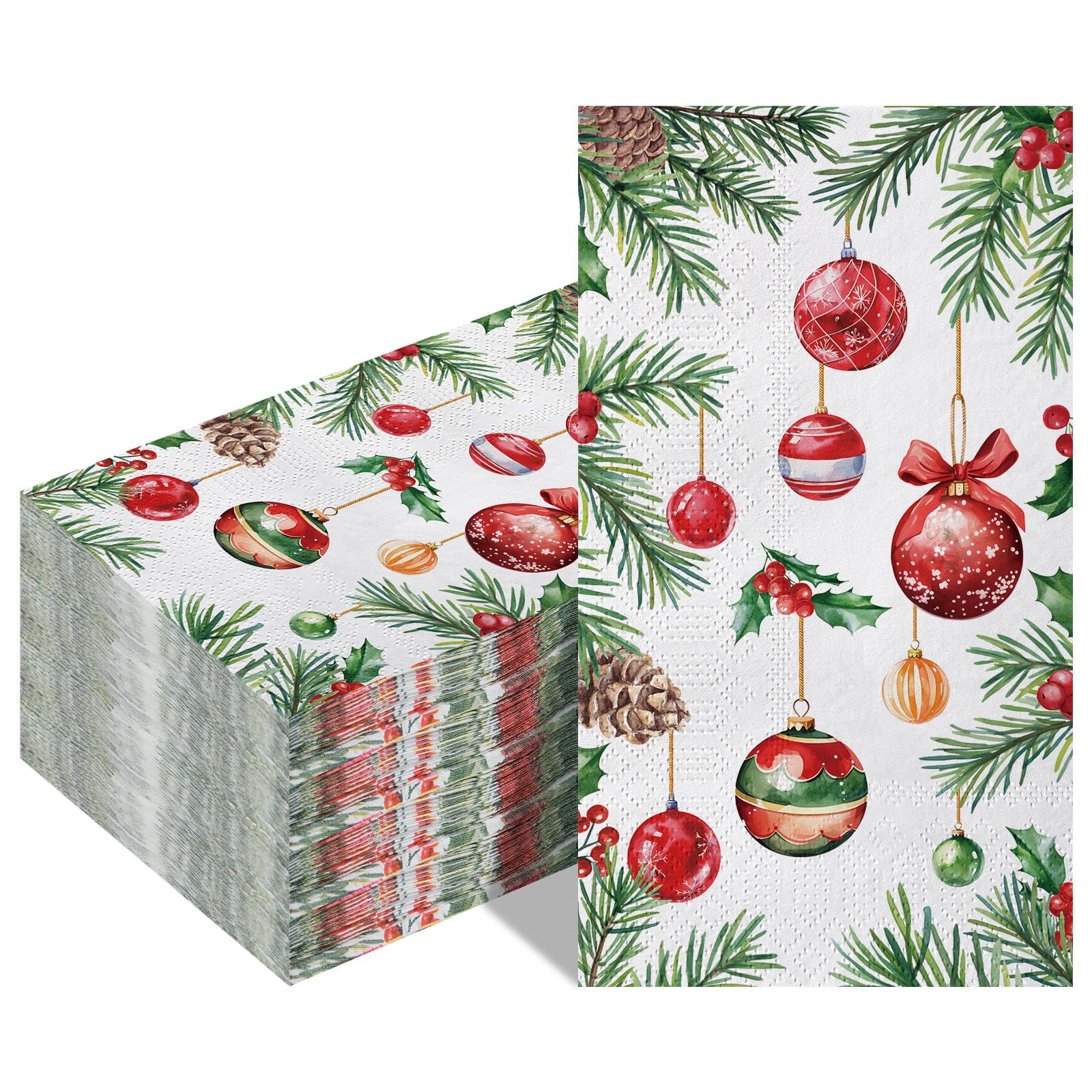 Gueevin 50 Pcs Christmas Disposable Paper Napkins Xmas Hanging Ball Pine Cone Pattern Guest Hand Towel Party Napkin for Wedding 
