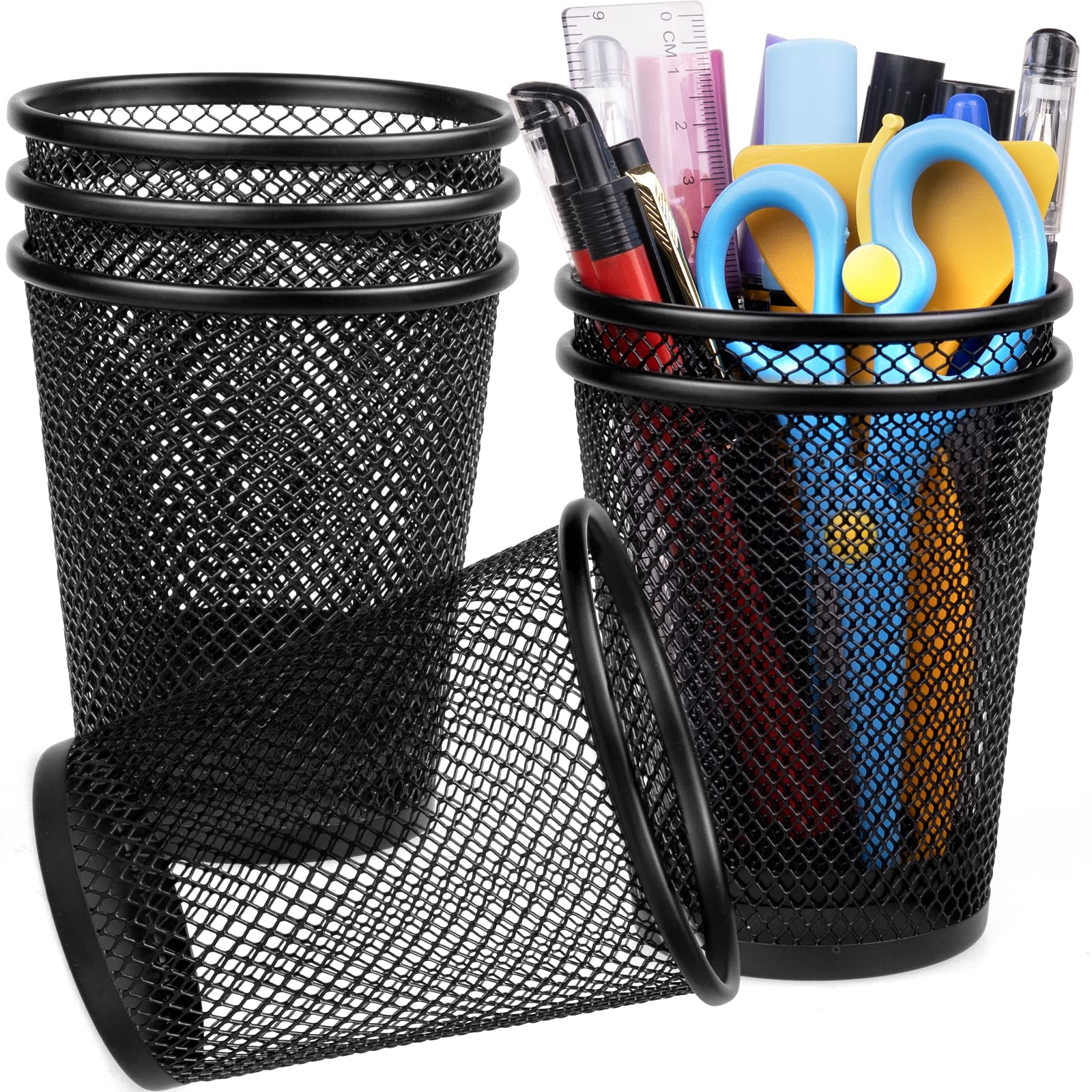 Qyh Mesh Pencil Holder Metal Pen Cup Black For Desk 6 Packs