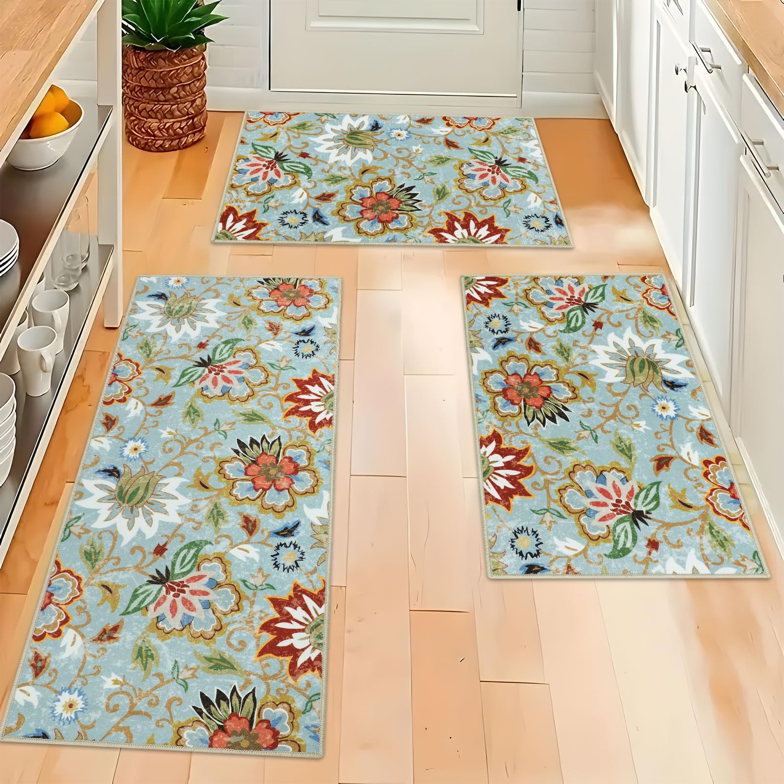 Homcomoda Boho Floral Kitchen Rugs Sets 3 Piece with Runner Kitchen Mats for Floor Non Slip Kitchen Rugs and Mats Washable Kitch