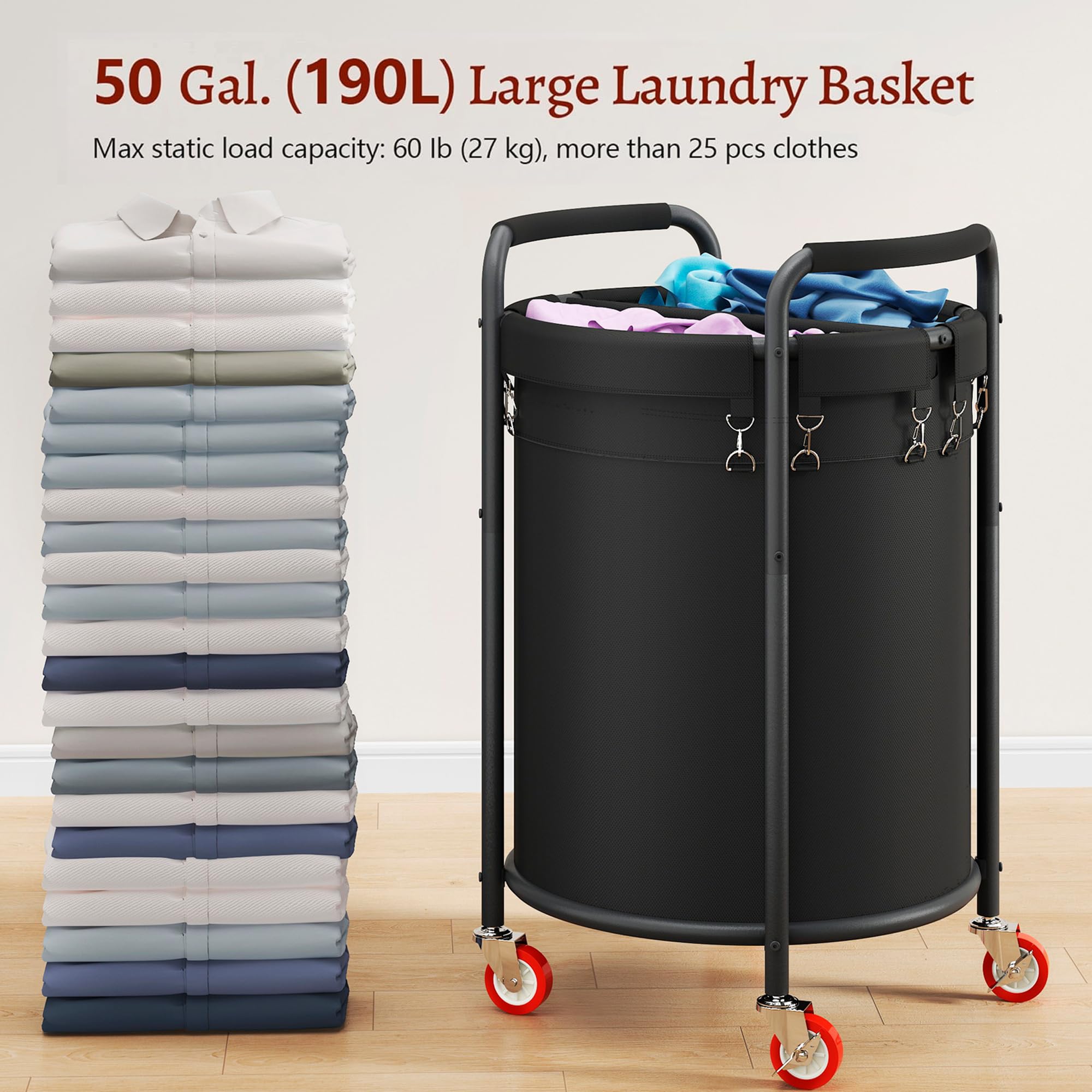 190L 2 Section Laundry Basket With Wheels, 50 Gal., Rolling Laundry Hamper, Round Laundry Sorter Cart With Handle, Steel Frame A