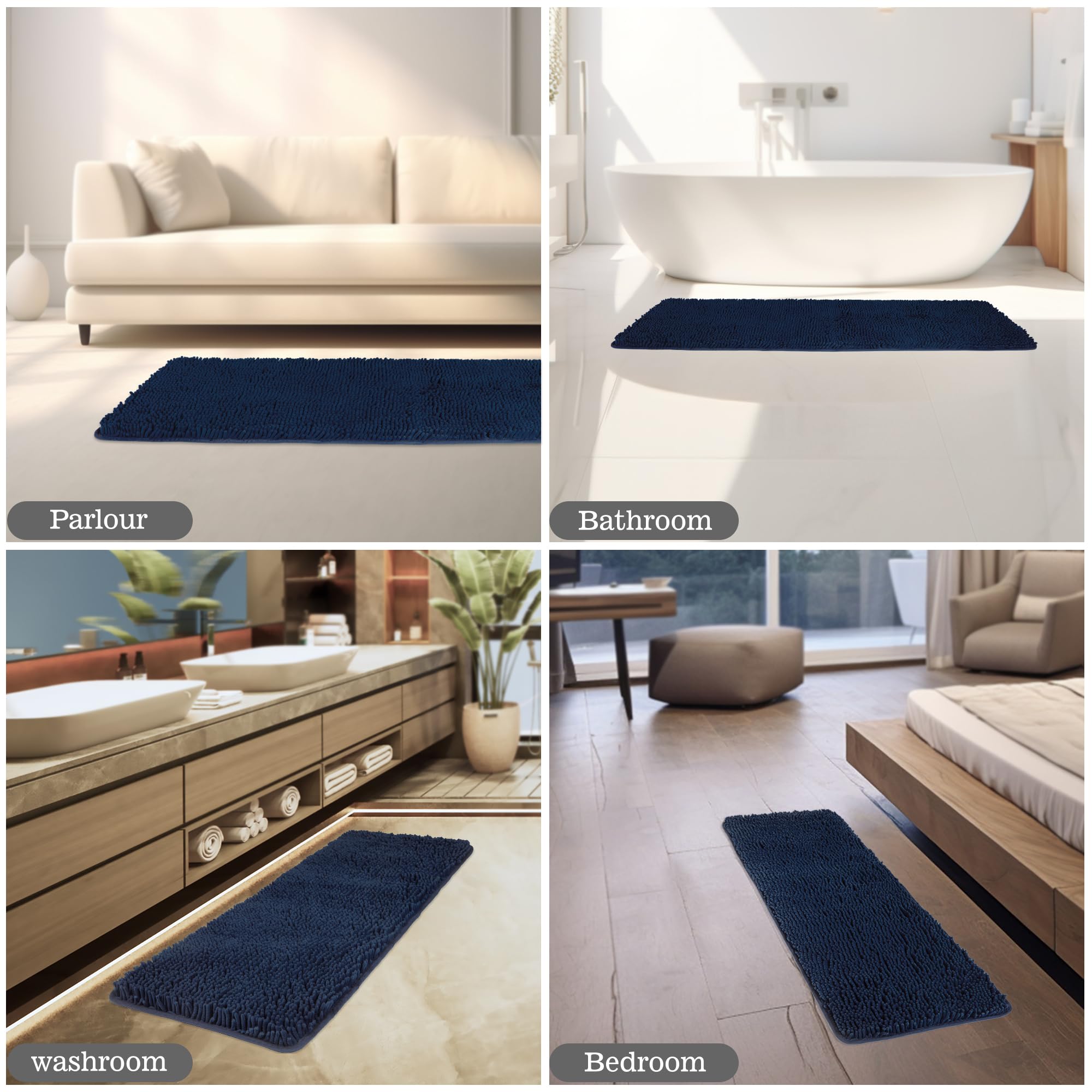 Yeaban Navy Blue 47 X 17 Bathroom Rug - Thick Chenille Bath Mats | Absorbent And Washable Bath Rug Non-Slip, Plush And Soft Rugs