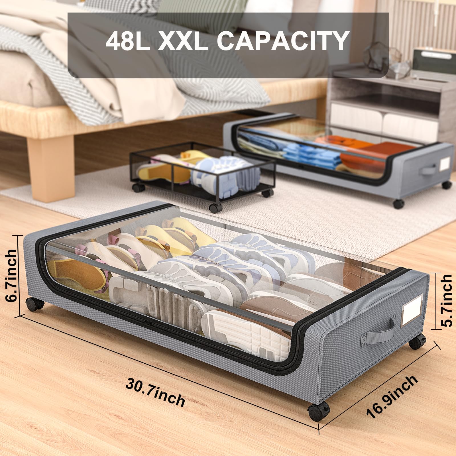 GoMaihe Under Bed Storage with Wheels: XXL 48L Underbed Storage Containers with Lids - Rolling Drawers for Shoes Clothes in Dorm