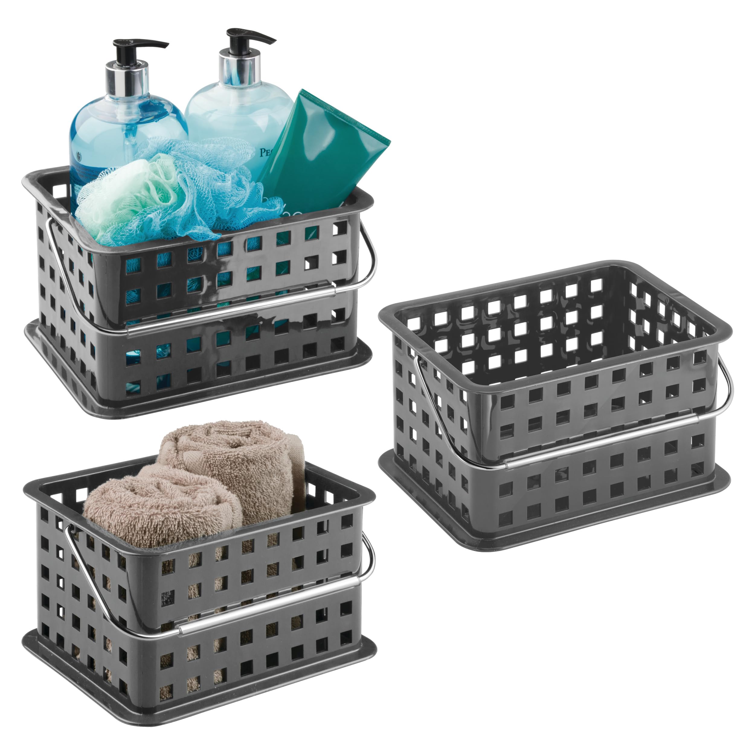 iDesign Stackable Shower Basket with Handle for Dorm or Bathroom - Set of 3 - Gray - Made in USA