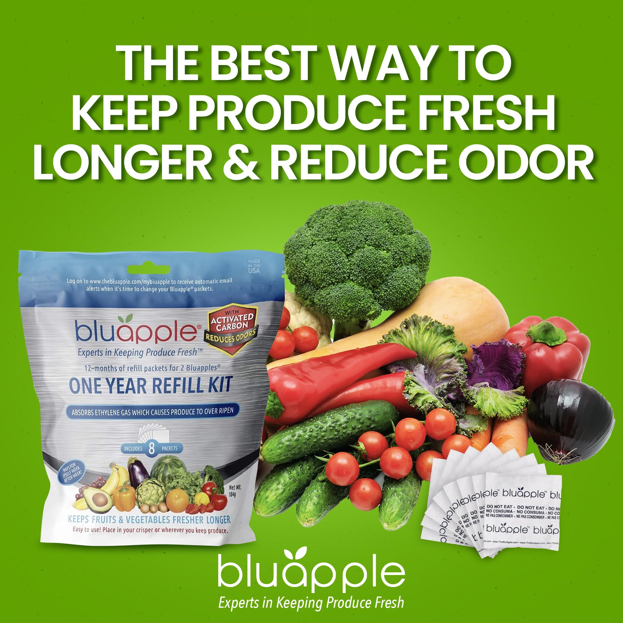 Bluapple 1 Year Carbon Refill Kit Includes 8 Packets For 2 Bluapples With Carbon - For 1 Full Year To Keep Produce Fresh Longer