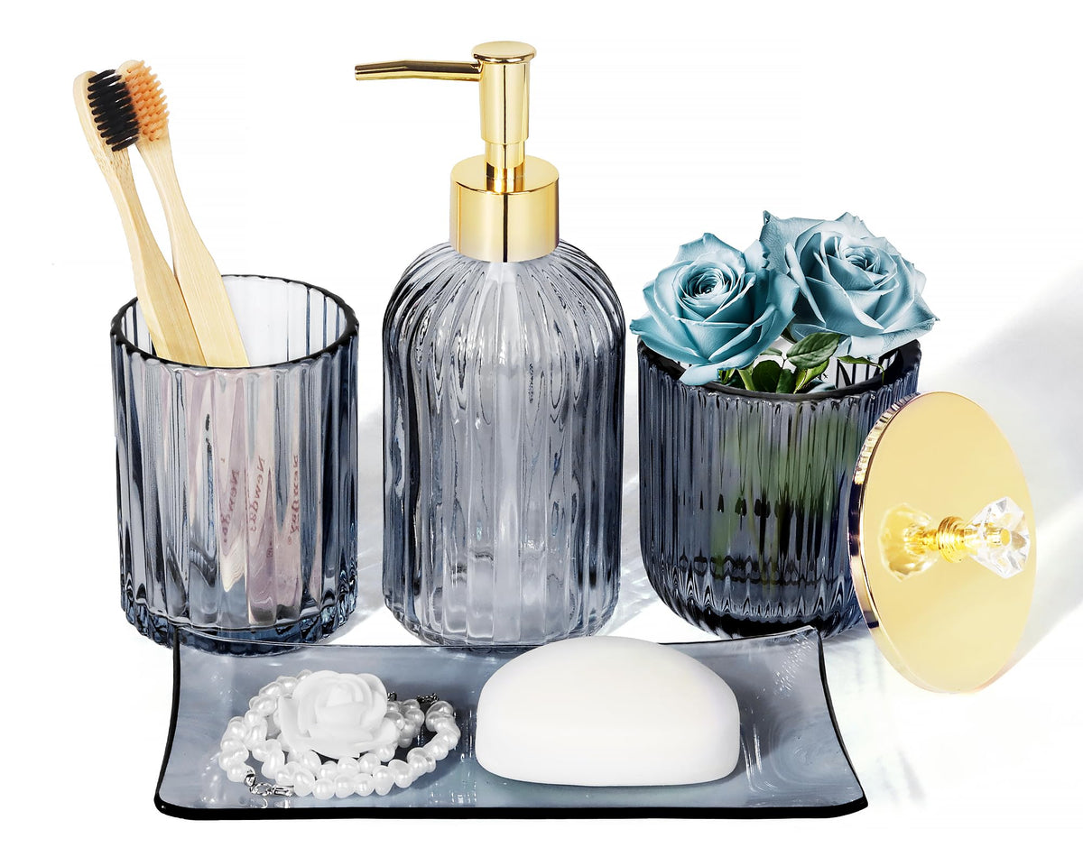Designer Blue Glass Bathroom Accessories Sets - 4 Pcs With Lotion Soap Dispenser, Bathroom Toothbrush Holder, Vanity Tray, And A