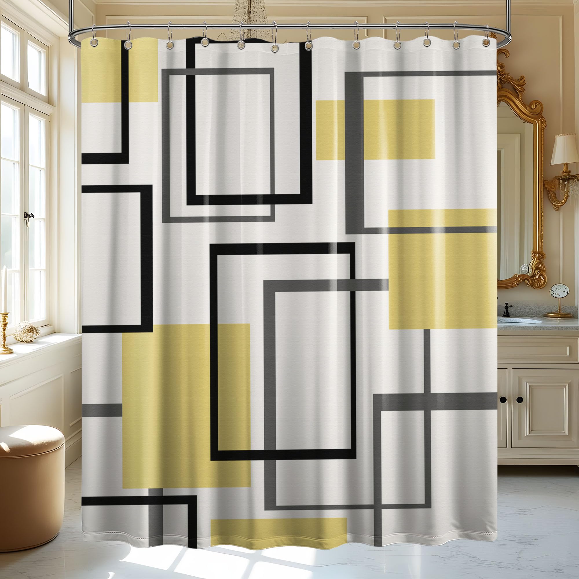 Yellow And White Shower Curtain Geometric Black And Yellow Shower Curtains For Mens Bathroom Decor Bath Curtain Set, Waterproof 