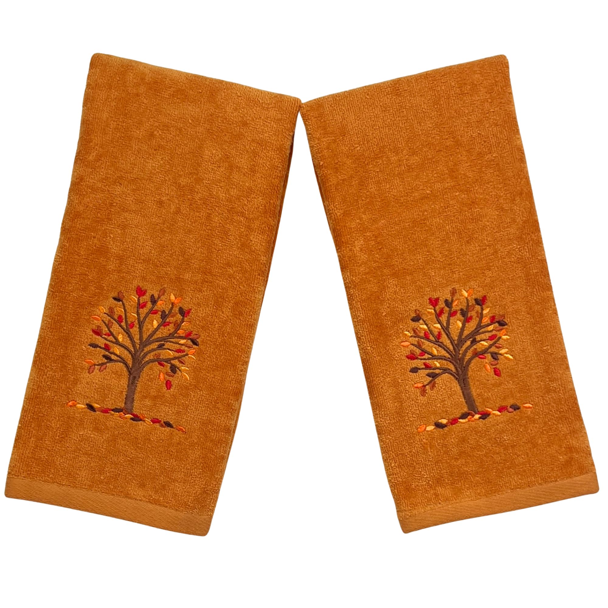 Serafina Home Fall Bath Hand Towels Bathroom Decor Farmhouse : Terracotta Rust Cotton Towels With Autumn Tree Falling Leaves 2 P