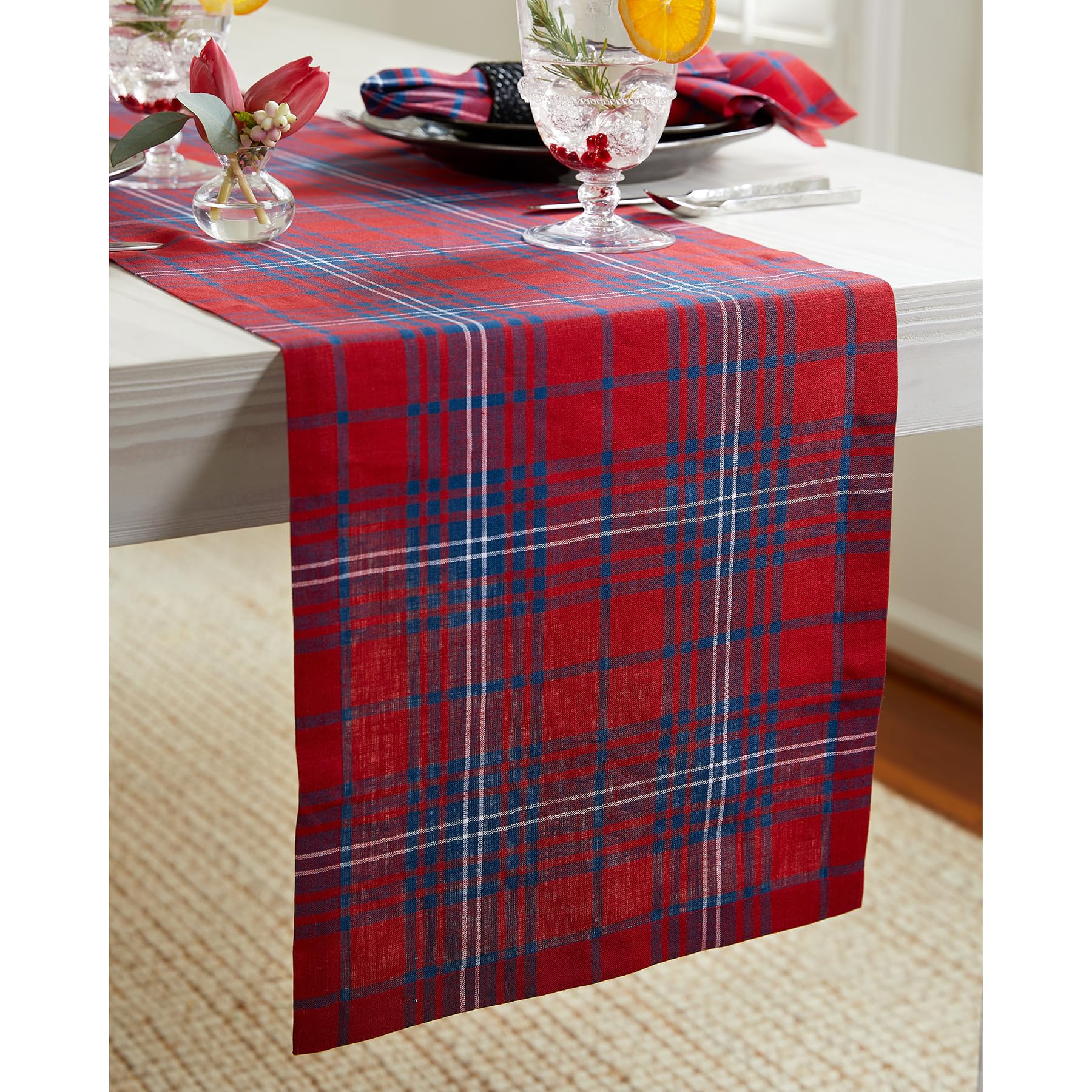 Solino Home Table Runner 36 Inch - 100% Pure Linen Red And Navy Tartan Plaid Table Runner 14 X 36 Inch - Handcrafted And Machine