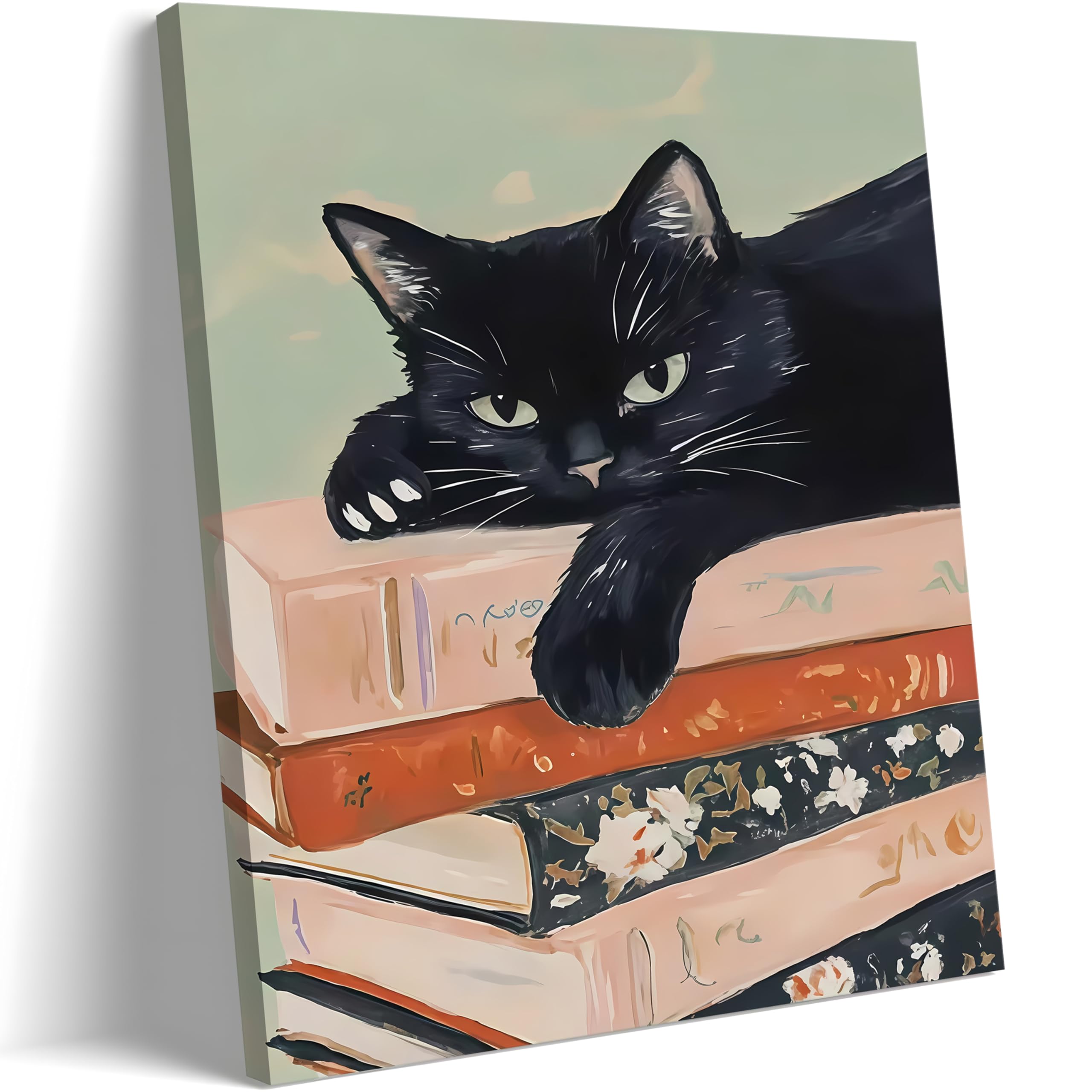 Framed Black Cat Canvas Wall Art, Funny Cat Lying On A Pile Of Books Painting, Abstract Animal Posters Prints Wall Decor For Liv