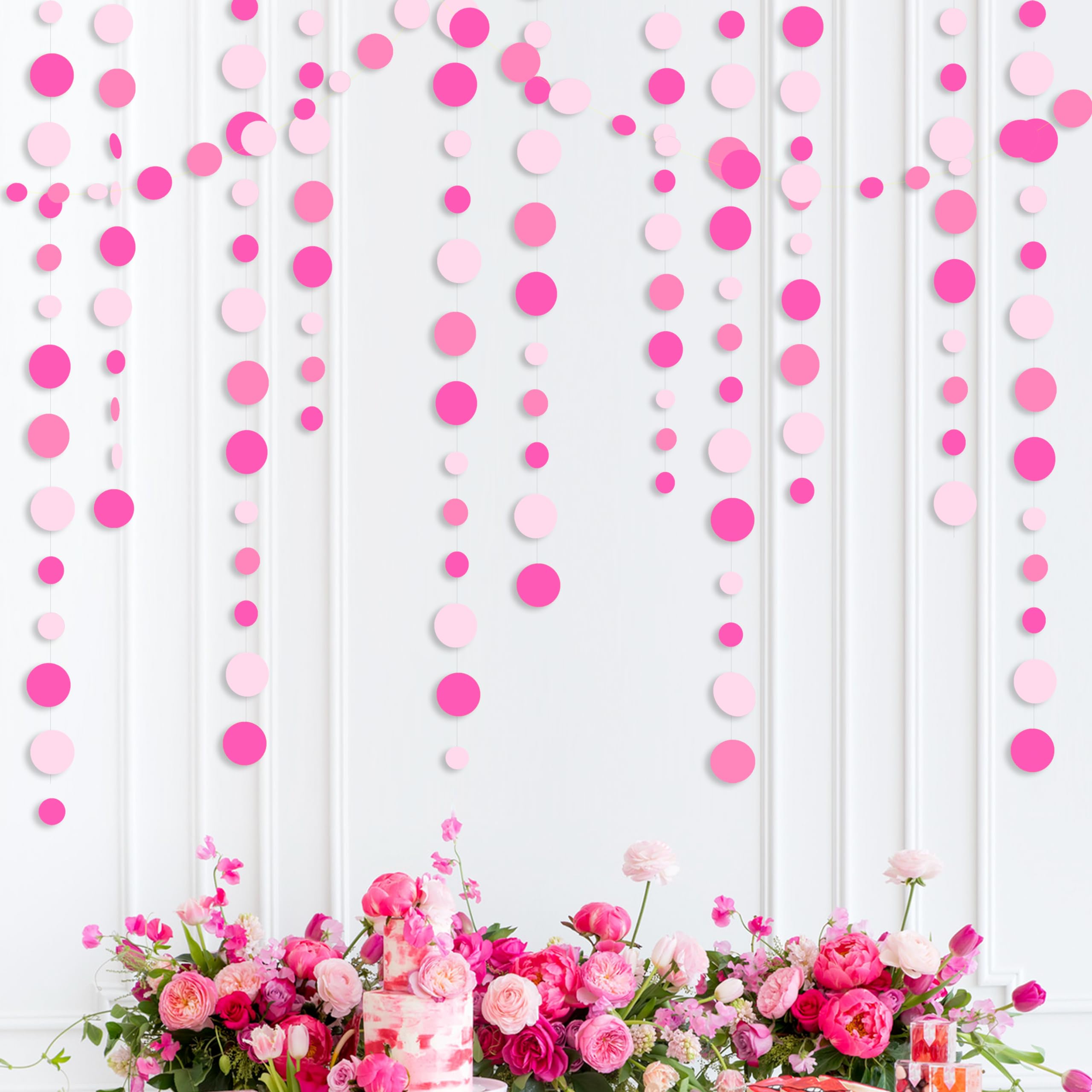 Hot Pink Party Decorations Circle Dots Garland Rose Pink White Hanging Paper Polka Dots Streamer For Birthday Bachelorette Engag