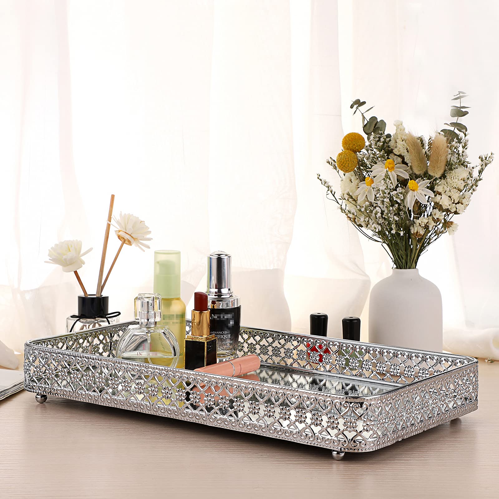 Elldoo Perfume Tray Mirror Tray Silver Vanity Makeup Hollow-Carved Jewelry Tray Glass Metal Trinket Storage Tray Home Decor Orga