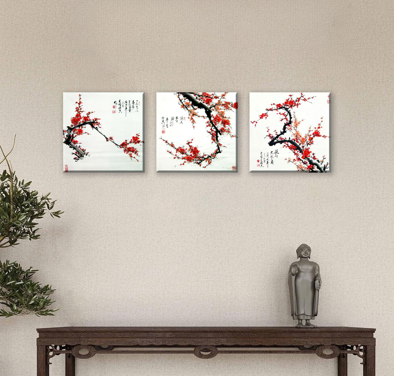 Nan Wind Small Size Traditional Chinese Painting Of Plum Blossom Canvas Prints 3 Panels Wood Framed Red Plum Blossom Wall Art Pl