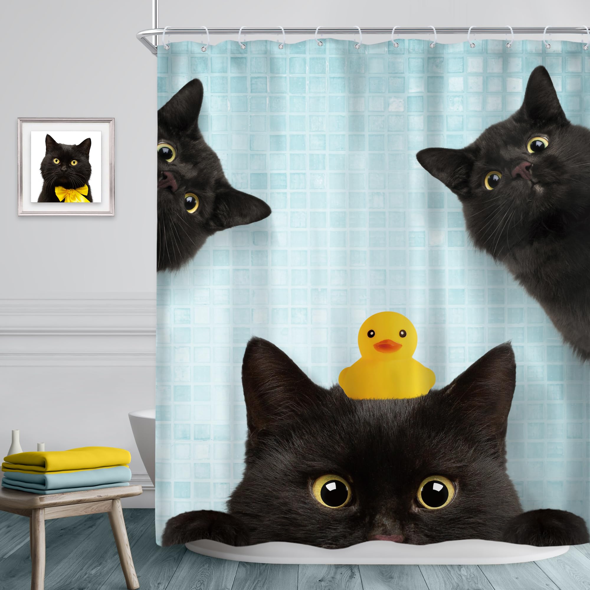 Riyidecor Funny Black Cat Shower Curtain 60Wx72H Inch Kids Cute Animal Lovely Kitten Yellow Rubber Duck Pet Lovers Modern Hilari