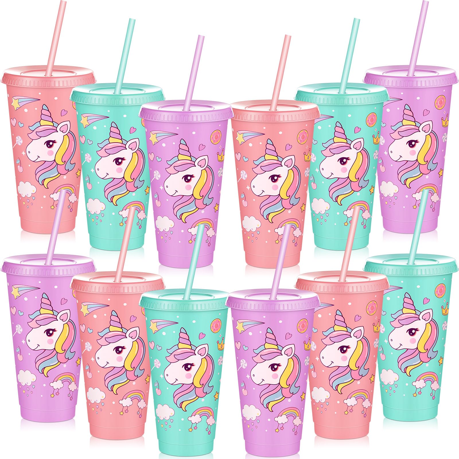 Uiifan 12 Pcs Unicorn Cups Party Favors Goodie Cups Unicorn Birthday Decorations 24 oz Plastic Reusable Tumbler with Lid and Str