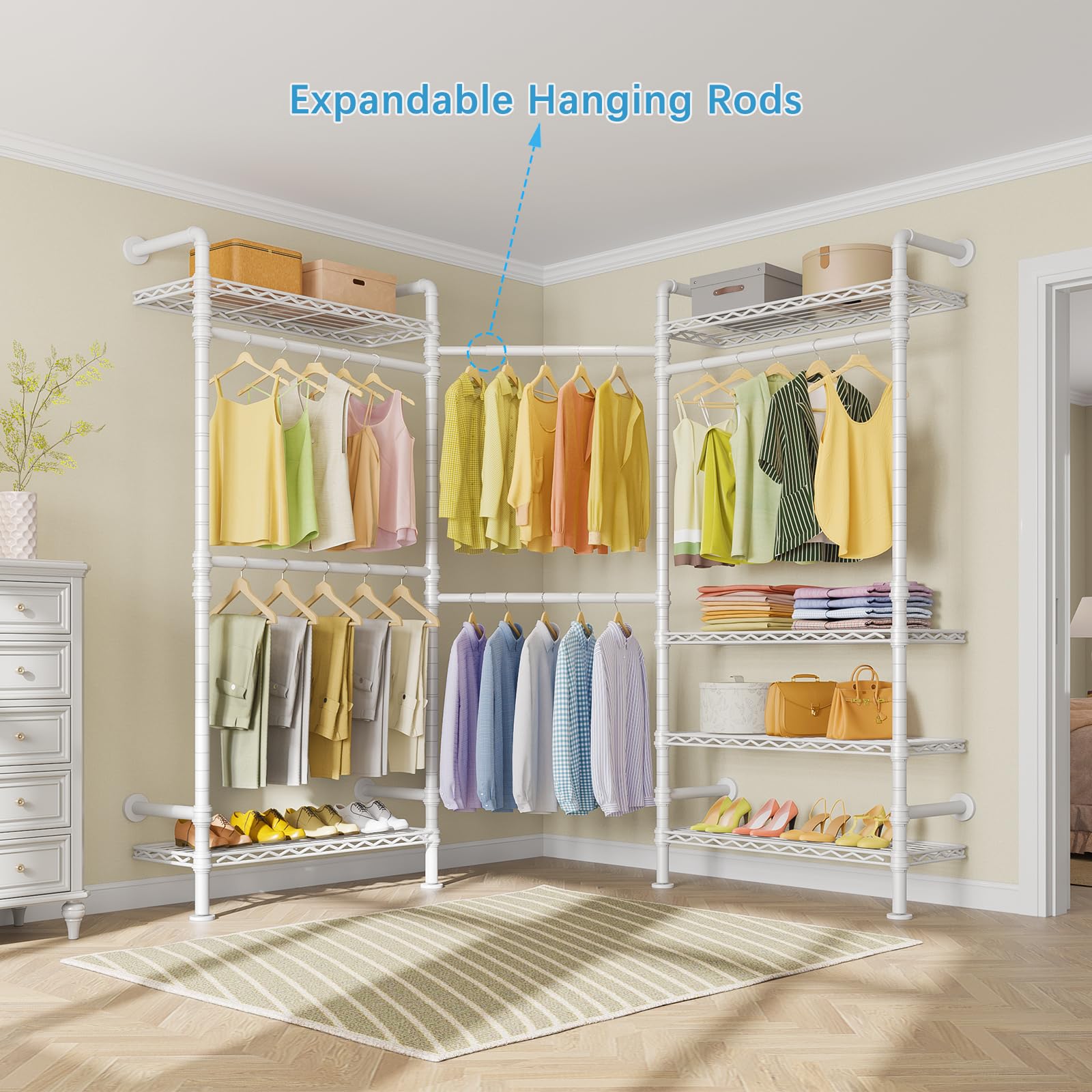 Timate F3 Garment Rack Heavy Duty Clothes Rack For Hanging Clothes, Expandable Industrial Pipe Wall Mounted Clothing Rack, Adjus