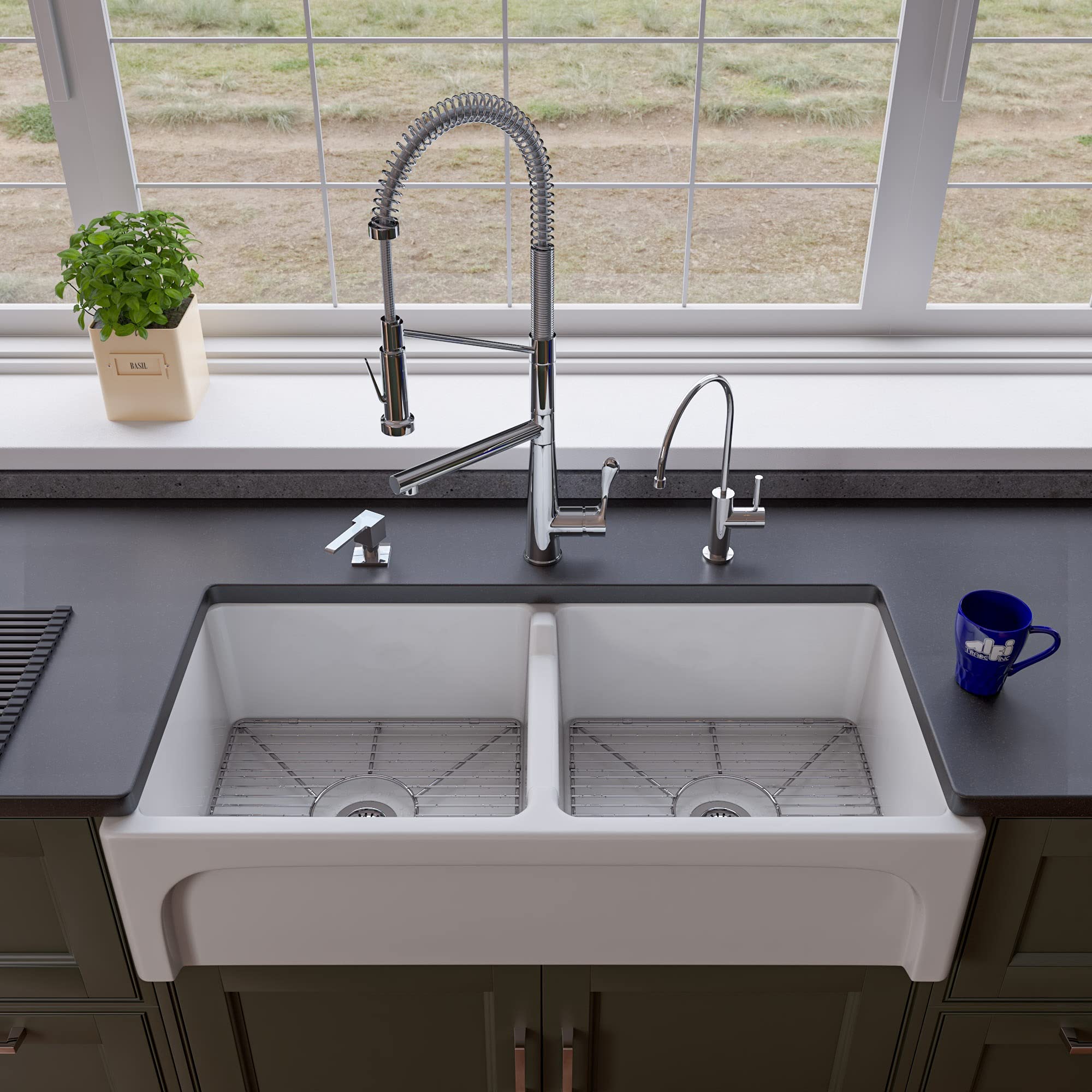 Alfi Brand Ab3918Arch-W Arched Apron Thick Wall Fireclay Double Bowl Farm Sink, 39'', White