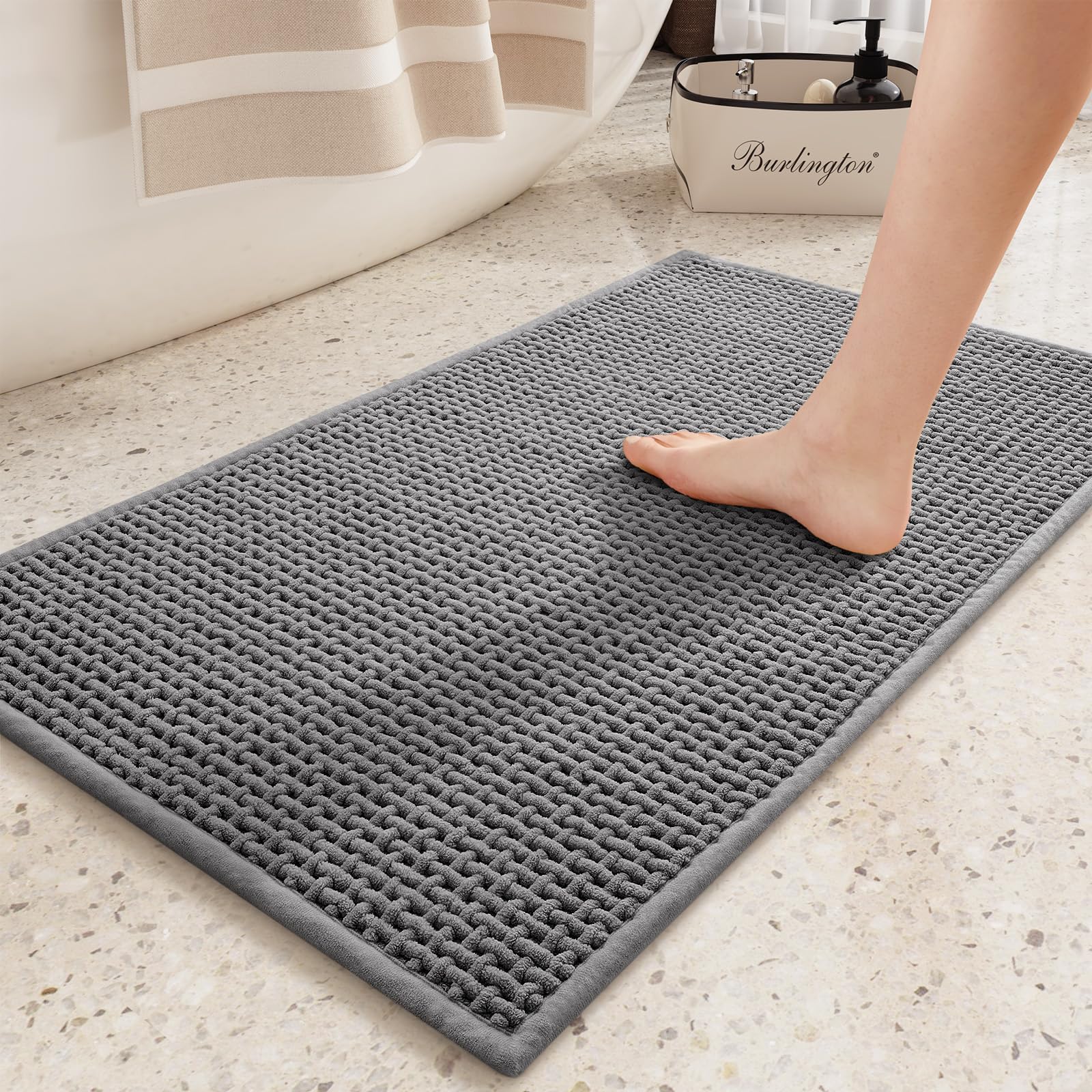 Color&Geometry Chenille Rubber Backed Grey Bathroom Runner- Non Slip, Absorbent, Quick Dry, Washable- 17''X47'' Long Bathroom Ru
